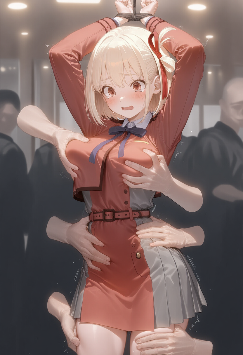 1female ai_generated arms_tied_above_head arms_up blonde_hair blonde_hair_female blush blushing captured embarrassed embarrassed_female fondling_breasts groping_breasts group_fondling group_molestation lycoris_recoil molested molesting nishikigi_chisato restrained_wrists rubbing_belly rubbing_thigh sexual_abuse sexual_assault sexual_harassment tears touching_stomach touching_thighs