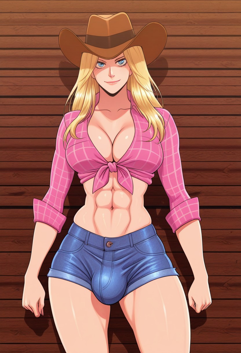1futa 2d ai_generated anasheya_(style) arms_at_sides blonde_futa blonde_hair blondshell blue_eyes civitai clenched_hand clothed cowboy_hat cowboy_shot denim_shorts front-tie_top futa_only futanari hat human light-skinned_futa light_skin long_hair looking_at_viewer midriff navel pink_shirt plaid plaid_shirt rolled_up_sleeves shirt short_shorts shorts solo thighs tied_shirt