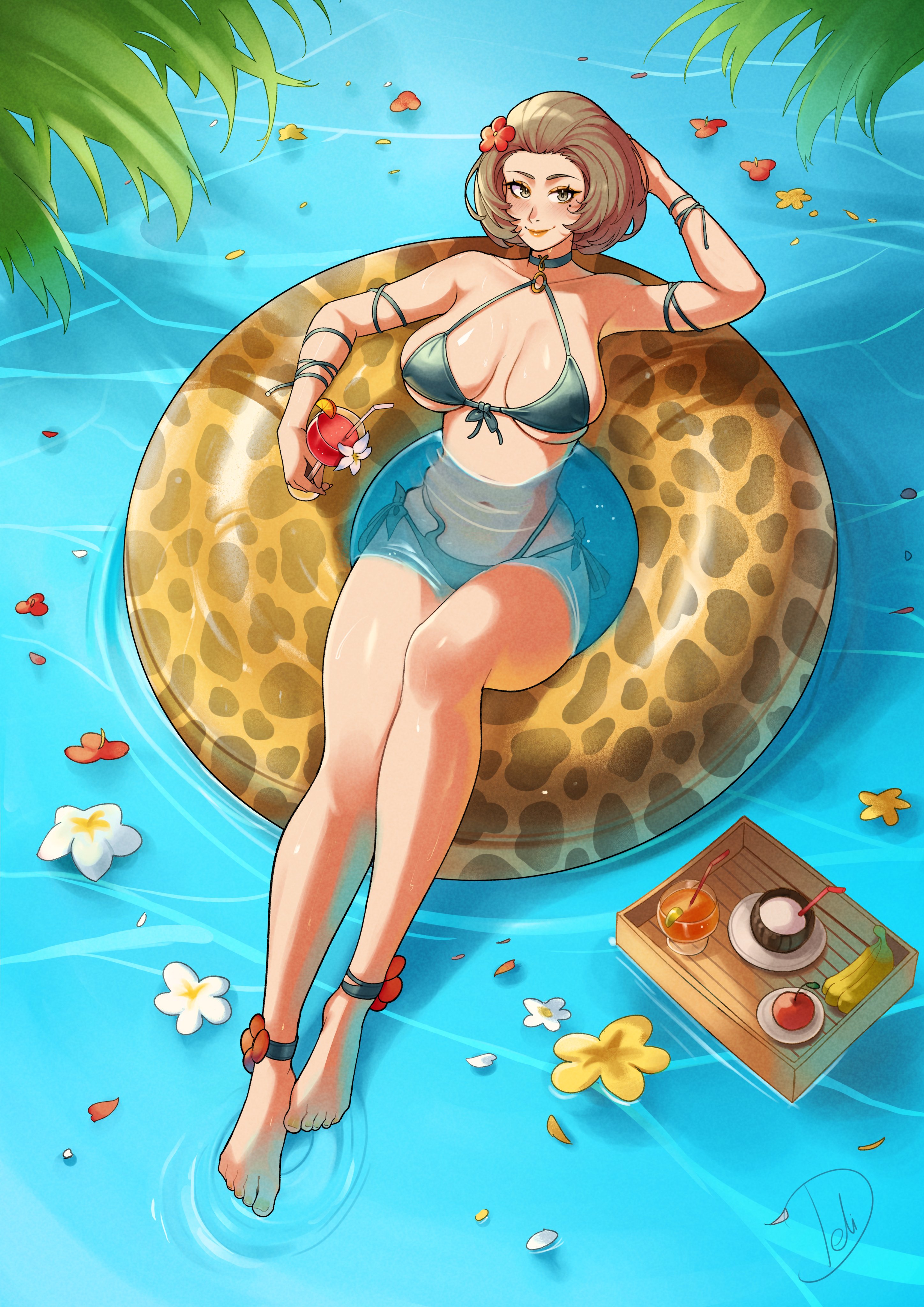 absurdres, alternate costume, anklet, apple, banana, bare shoulders, bikini, blush, breasts, brown eyes, brown hair, choker, cleavage, closed mouth, coconut, cup, deliciousbrain, drinking straw, female, fire emblem, fire emblem: three houses, floating, flower, food, from above, fruit, green bikini, hair flower, hair ornament, hair slicked back, highres, holding, holding cup, innertube, jewelry, large breasts, lipstick, looking at viewer, makeup, manuela casagranda, mole, mole under eye, navel, nintendo, orange lips, palm tree, short hair, sideboob, skindentation, smile, solo, stomach, swim ring, swimsuit, tray, tree, underboob, water