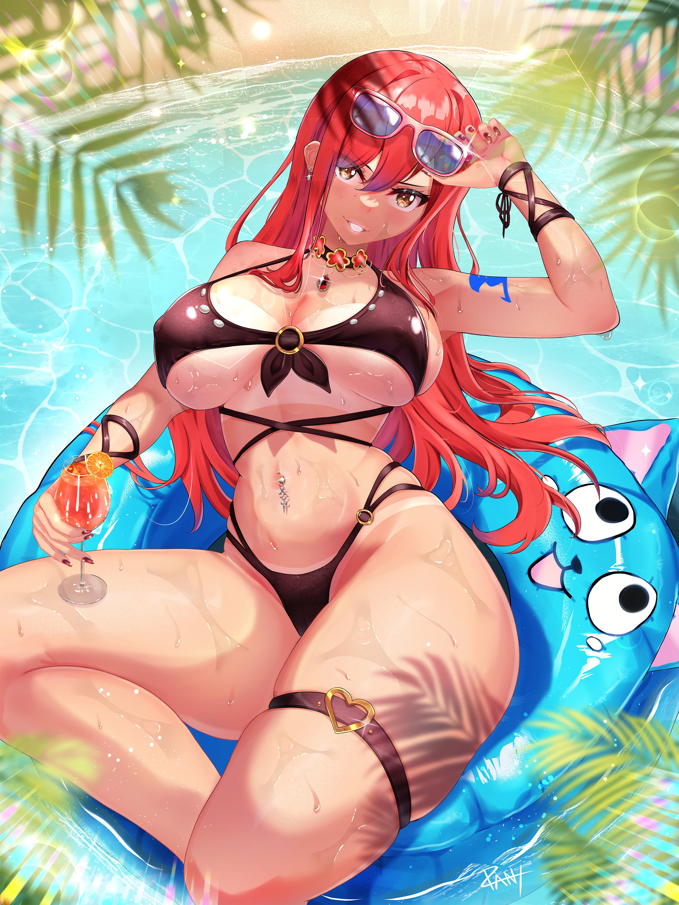 1girls, arm tattoo, artist request, blue tattoo, breasts, erza scarlet, fairy tail, fairy tail mark, female, female focus, female only, large breasts, light skin, light-skinned female, ranea, red hair, red-haired female, solo, swimsuit, tattoo, thick thighs, thigh strap, thighs, water, wide hips