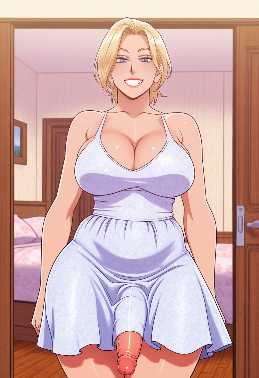 1futa 2d ai_generated anasheya_(style) bare_shoulders bed bedroom blonde_futa blonde_hair blondshell blue_eyes breasts cleavage covered_navel dress futa_only futanari human human_only large_breasts large_penis light-skinned_futa light_skin looking_at_viewer mature_futa short_dress sleeveless sleeveless_dress smile smiling smiling_at_viewer solo standing white_dress wooden_floor