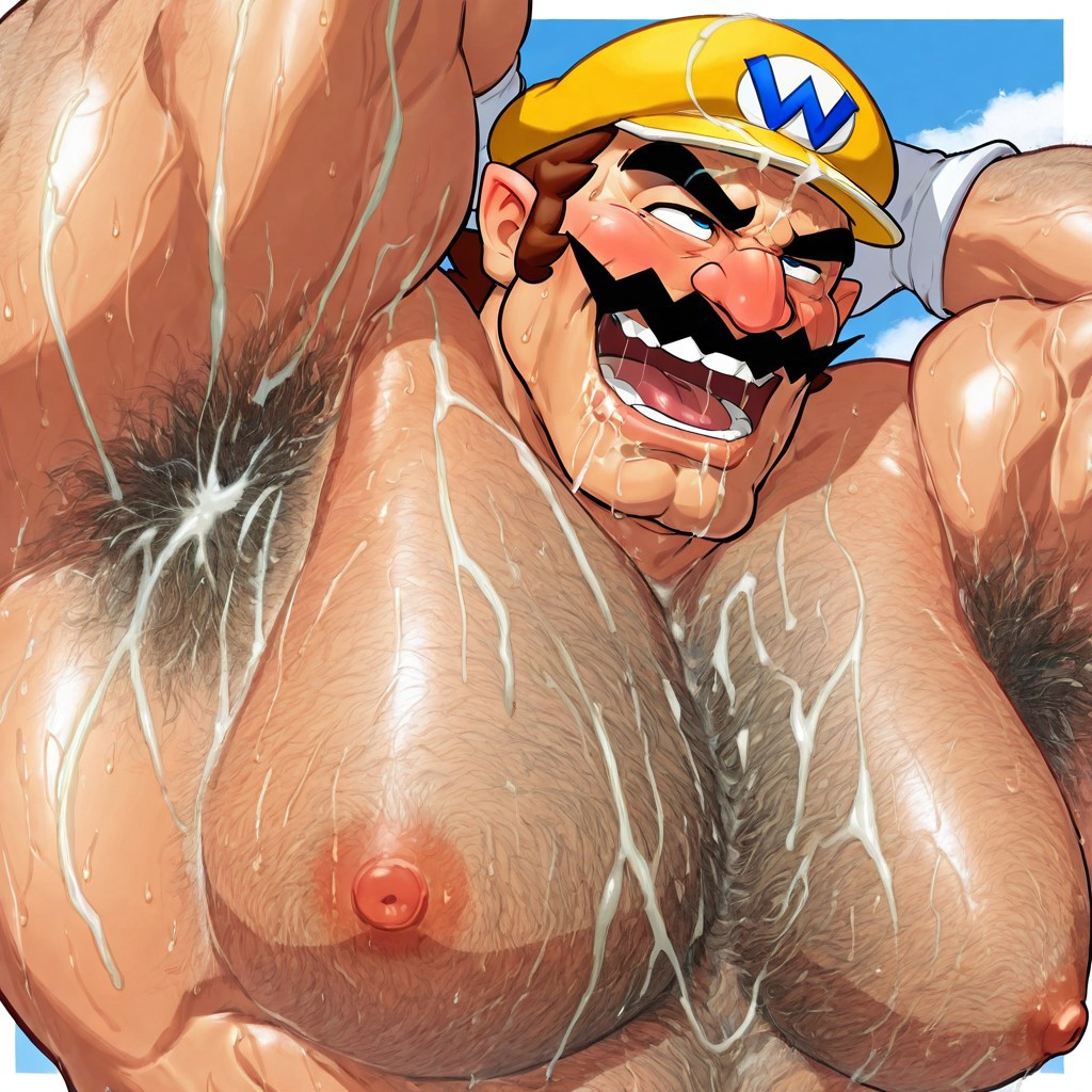 1boy ai_generated armpit_hair armpits arms_behind_head bara biceps big_muscles blue_sky bodily_fluids body_hair brown_hair chest_hair cum cum_on_chest cum_on_face facial_hair gay gloves hat huge_muscles human human_only large_muscles light-skinned_male light_skin male male_only mammal mario_(series) mature mature_male moustache muscles muscular muscular_male nintendo nipples nude nude_male open_mouth outdoors pecs solo solo_focus solo_male upper_body wario white_gloves yaoi yellow_hat