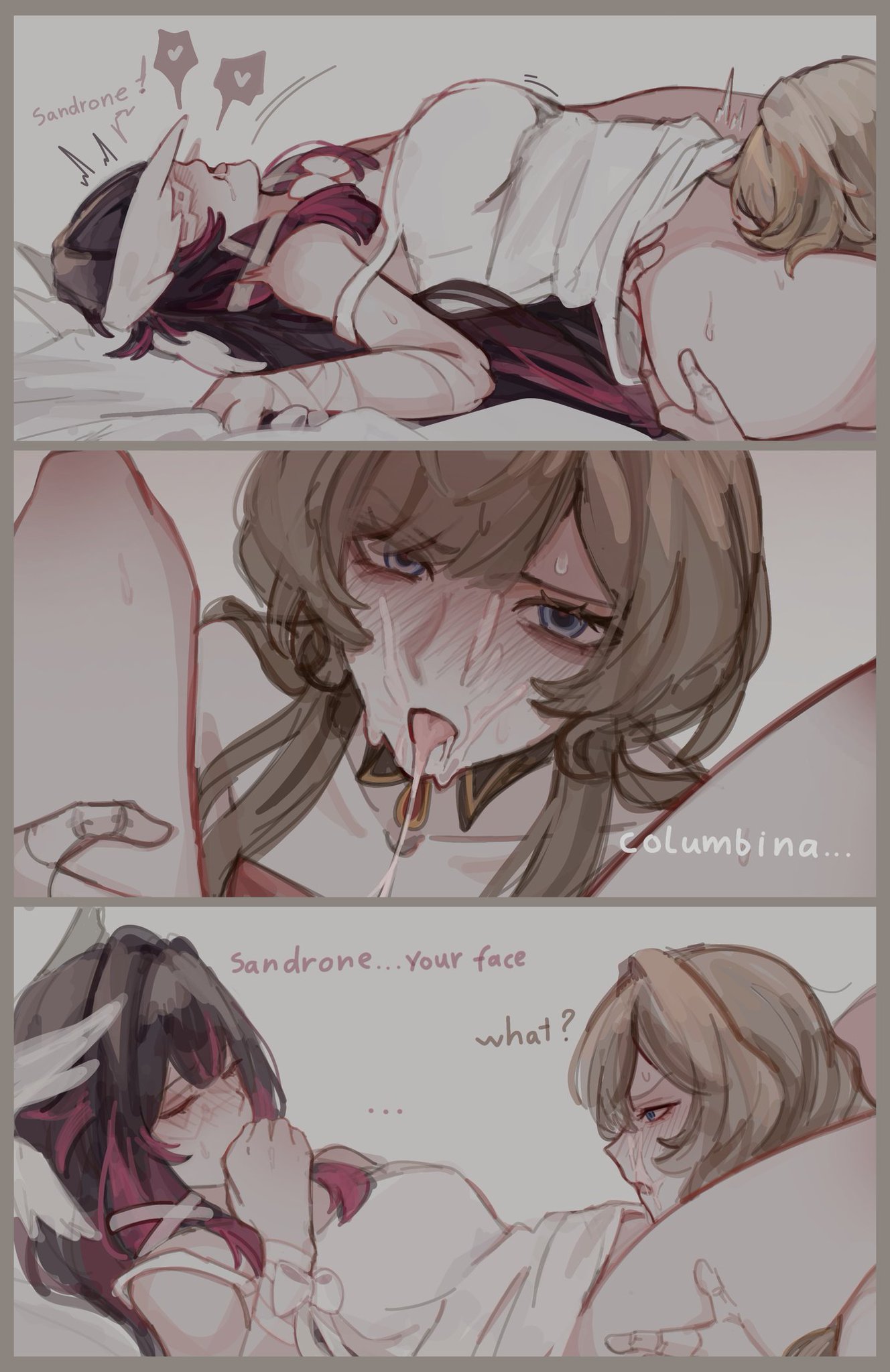 2girls, alternate costume, angry, angry face, bed, blue eyes, blush, blushing, camisole, closed eyes, clothed sex, clothing, columbina (genshin impact), cum on face, cunnilingus, dialogue, drooling, eni (enidaisy69), genshin impact, grabbing ass, grabbing sheets, hand on another's ass, hand on another's back, hand on ass, hand on back, heart, holding another, holding ass, holding legs, holding partner, loose clothes, motion lines, no panties, on back, on bed, out of frame, pussy ejaculation, pussy juice, pussy juice on face, pussy juice trail, saliva, sandrone (genshin impact), sheet grab, spread legs, sweat, sweatdrop, tagme, tongue, tongue out, tremble spikes, two-tone hair, vaginal fluids, vaginal fluids on face, wings, wings on head, yuri