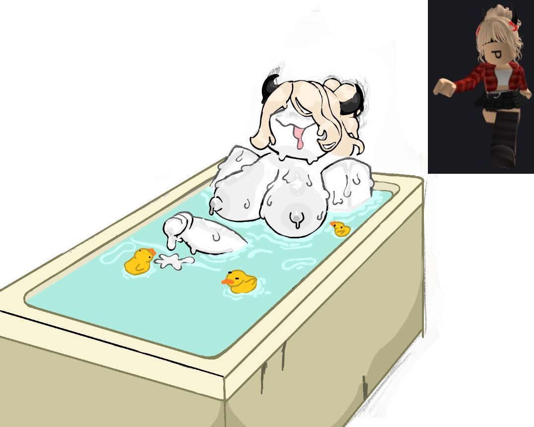 1girls, akai haato, bathtub, big breasts, big penis, breasts, cum puddle, dripping, dripping cum, drooling, female, futanari, haachama, hololive, hololive gen 1, hololive japan, horns, intersex, penis, precum, railroads, relaxing, roblox, roblox avatar, roblox game, robloxian, rubber duck, shiny, steamedbroco, virtual youtuber, wet, white skin