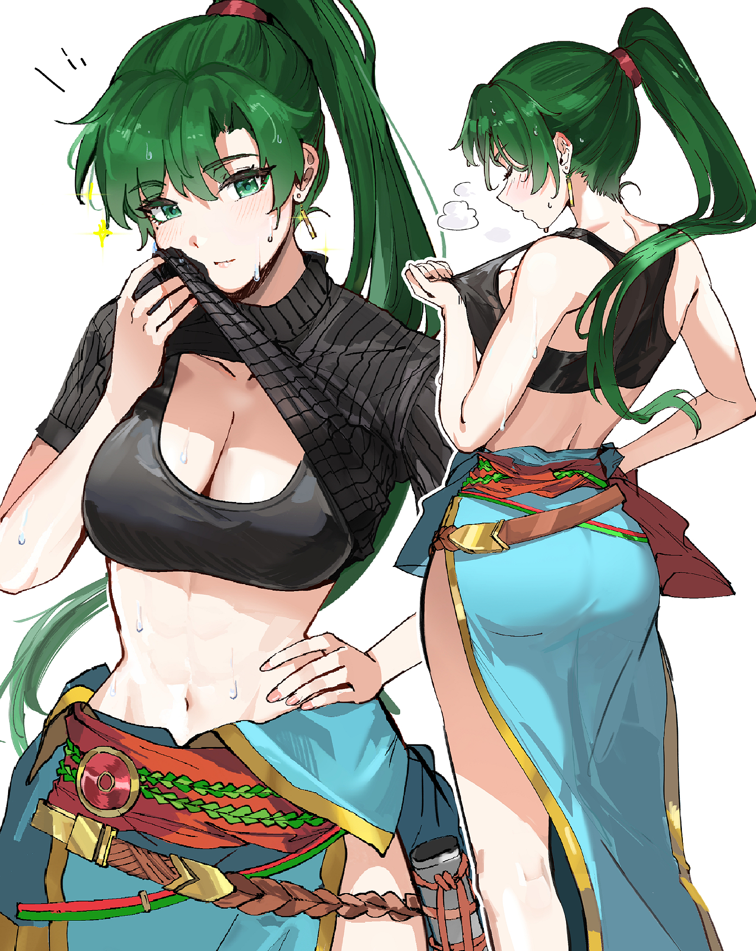 1girls, abs, black sports bra, blue dress, breasts, dress, earrings, female, fire emblem, fire emblem: the blazing blade, green eyes, green hair, high ponytail, highres, jewelry, large breasts, long hair, looking at viewer, lyn (fire emblem), midriff, navel, nintendo, ormille, pelvic curtain, ponytail, rope belt, short sleeves, side slit, simple background, solo, sports bra, very long hair, white background