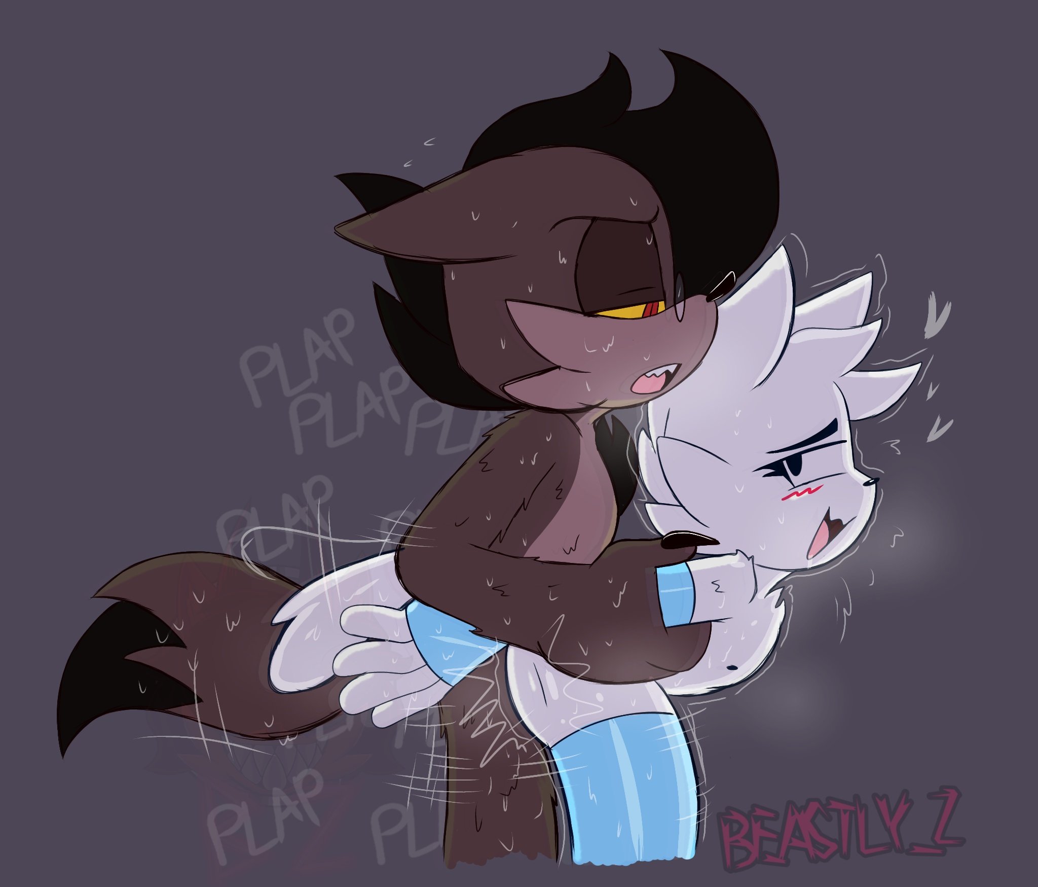 beastly z5, black hair, black tipped tail, blush, boykisser, boykisser (meme), brown body, brown fur, coy the coyote, coyote, ears down, fan character, fanart, feline, fucking, gay, hearts around head, leggings, male, male focus, male only, male/male, mobian (species), oc, original character, plain background, plap (sound), pleasure face, sex, sex from behind, sleeves, sweat, white fur, white hair, yellow eyes