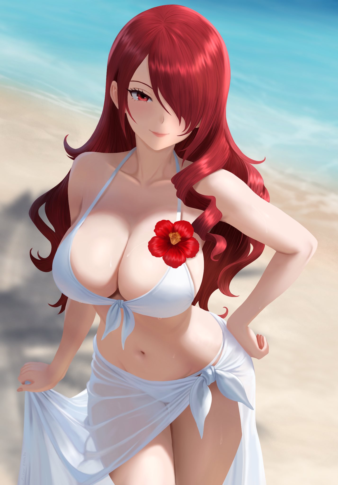 beach bikini blush breasts cleavage closed_mouth collarbone commentary cowboy_shot day english_commentary female flower front-tie_bikini_top front-tie_top hair_over_one_eye hand_on_own_hip highres large_breasts lips long_hair looking_at_viewer mikan_zakuro mitsuru_kirijo navel official_alternate_costume outdoors persona persona_3 red_eyes red_flower red_hair shadow smile solo stomach swimsuit thighs very_long_hair white_bikini