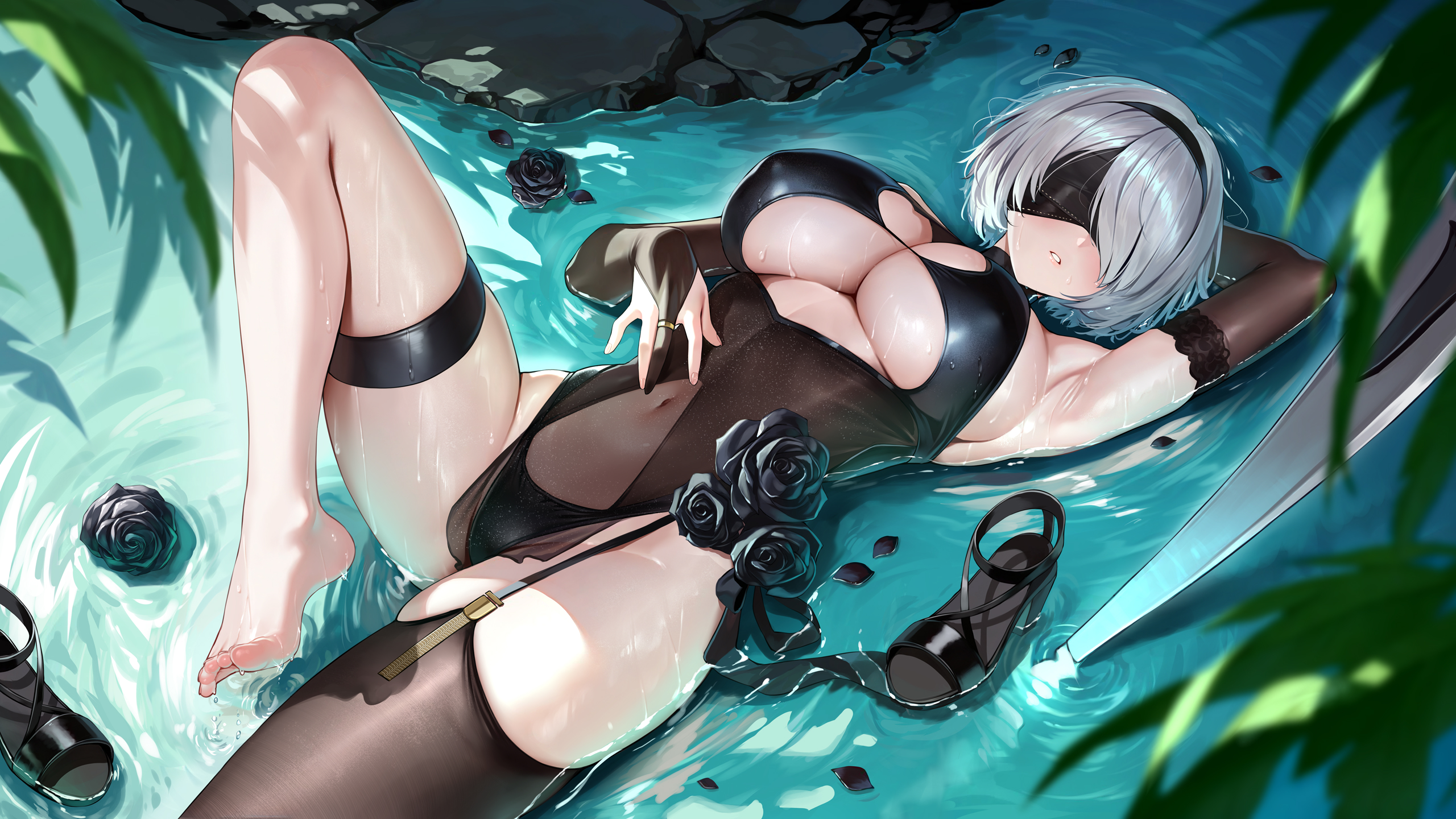 arm up, armpits, black bridal gauntlets, black flower, black hairband, black one-piece swimsuit, black rose, black sandals, black thighhighs, blindfold, blurry, breasts, bridal gauntlets, chinese commentary, cleavage, commentary request, covered navel, depth of field, feet, female, flower, goddess of victory: nikke, grey hair, hairband, highres, knee up, large breasts, looking at viewer, lying, lying on water, meion, navel, nier (series), nier: automata, official alternate costume, on back, on ground, one-piece swimsuit, outdoors, pelvic curtain, rose, sandals, see-through clothes, see-through pelvic curtain, short hair, single bare foot, single thighhigh, skindentation, soles, solo, swimsuit, thigh strap, thighhighs, thighs, toes, underboob, unworn sandals, wet, yorha 2b, yorha 2b (yorha uniform 1) (nikke)