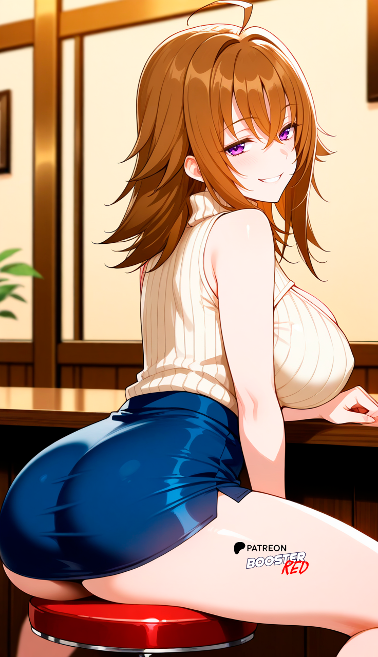 ahoge ai_generated ass bare_shoulders beige_open-chest_sweater beige_ribbed_sweater beige_sweater boosterred99 brown_hair cleavage cleavage_cutout clothing_cutout covered_nipples dark_blue_skirt from_behind from_behind_position full_body hair_between_eyes heels high_heels high_school_dxd illustrious_(stable_diffusion) large_breasts legs medium_hair meme_attire naughty_face outdoors pencil_skirt pony_diffusion_xl purple_eyes reach sitting sleeveless street thighs turtleneck venelana_gremory