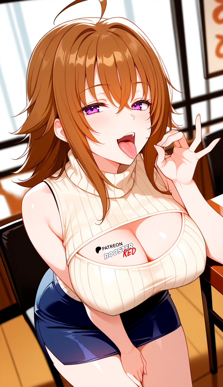1girls ahoge ai_generated bare_shoulders beige_open-chest_sweater beige_ribbed_sweater beige_sweater big_breasts boosterred99 breasts brown_hair cleavage cleavage_cutout clothing_cutout covered_nipples dark_blue_skirt fellatio_gesture female female_only hair_between_eyes high_school_dxd huge_breasts illustrious_(stable_diffusion) large_breasts light-skinned_female medium_hair meme_attire naughty_face open_mouth outdoors pencil_skirt pony_diffusion_xl purple_eyes reach sleeveless solo street thighs tongue tongue_out turtleneck venelana_gremory
