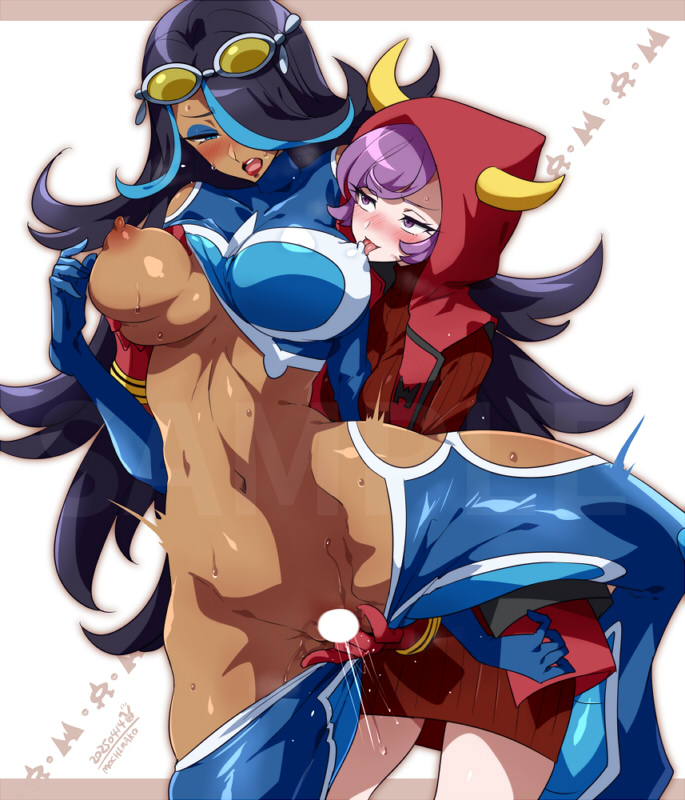 2girls, big breasts, black hair, blue eyeshadow, blush, breasts, commission, courtney (pokemon oras), courtney (pokemon), dark skin, dark-skinned female, eyeshadow, female, female only, femdom, fingering, game freak, gloves, grabbing another's breast, grabbing from behind, groping, hood, horned hood, horns, lipstick, long hair, mochimako (mushikera hoi2), multicolored hair, multiple females, multiple girls, nintendo, nipples, one breast out, partially clothed, pokemon, pokemon oras, purple eyes, purple hair, red gloves, red lipstick, shelly (pokemon oras), shelly (pokemon), skeb commission, streaked hair, team aqua, team magma, yuri