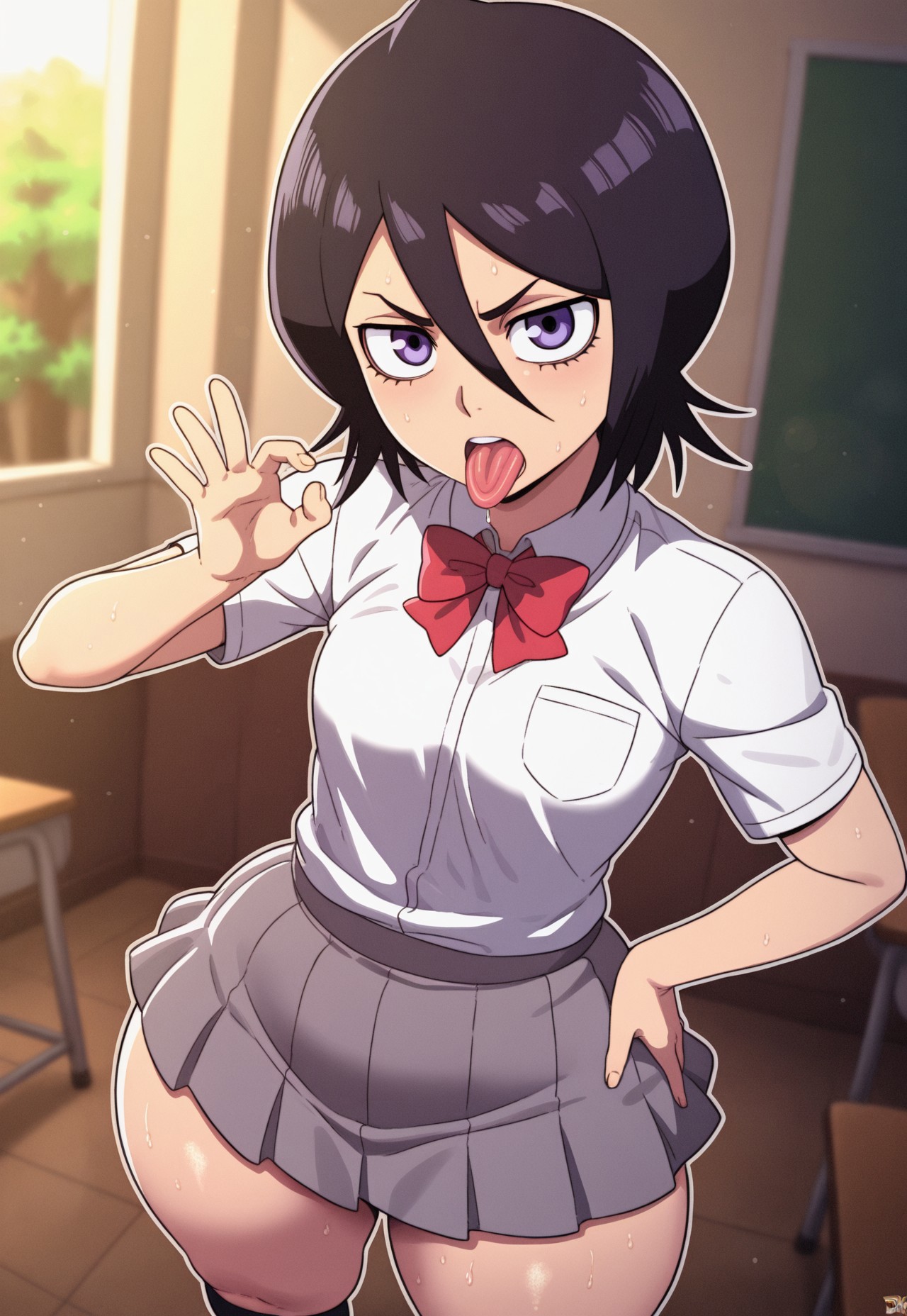 1girls, ai generated, angry, bleach, fellatio gesture, female, female only, kuchiki rukia, school uniform, schoolgirl, schoolgirl uniform, short hair, shortstack, solo, thick thighs