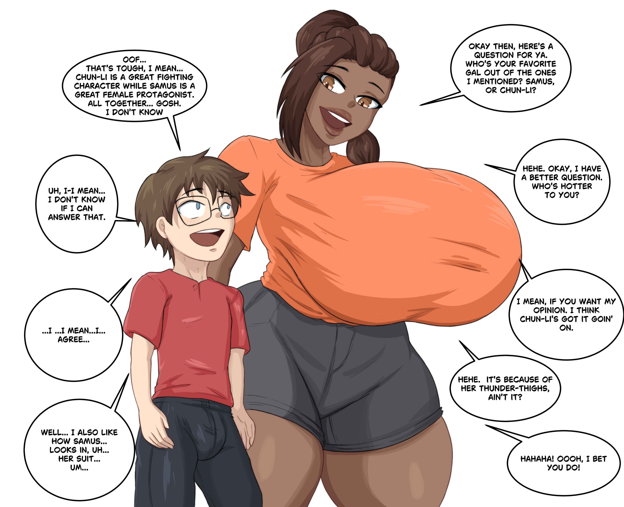 1boy, 1girls, artistdex, asian, asian male, asian male black female, big breasts, black female, breasts, digital drawing (artwork), digital media (artwork), huge breasts, jpg, massive breasts, mishana (lookmanilikeit1), no background, ocs, orange shirt, original, original characters, part 4, part of a series, shorter male, shorter male/taller female, simple background, someone else's oc, takeshi (lookmanilikeit1), taller female, taller female/shorter male, taller girl, twitter link, voluptuous, voluptuous body, voluptuous female, white background