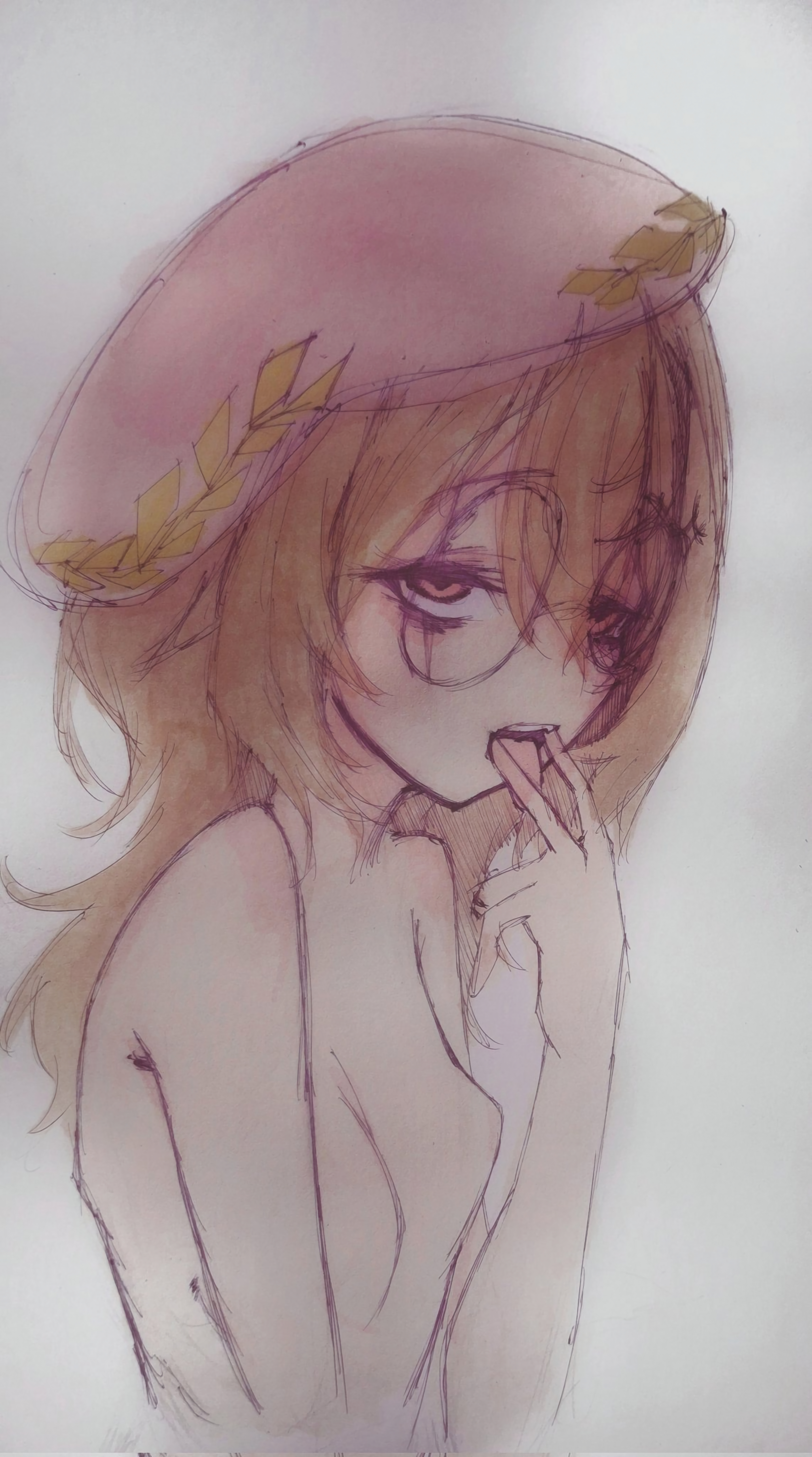 breasts, brown hair, clio aite, eye bags, eyelashes, female, female only, female solo, female teacher, hag, hands on mouth, hat, hei20x (artist), light skin, light-skinned female, long brown hair, long hair, mouth, mouth grab, mouth hold, naked, naked female, neck, no nipples, open mouth, orange eyes, orange hair, phase connect, phase invaders quest, red hat, rgrk, scar, scar across eye, scar on face, shoulders, sketch, sketchy, small breasts, teeth, teeth showing, teeth visible, tired, tired expression, tired eyes, tired female, tired look, tongue, tongue out, upscaled, vershion, virtual youtuber, vtuber, vtuberfanart, waifu2x, white background