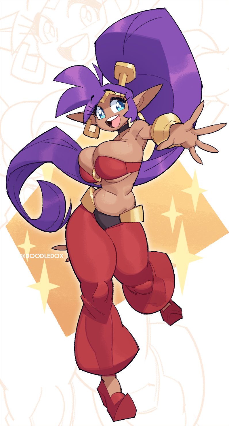 1girls artist_name artist_signature blue_eyes bracelets color colored dark-skinned_female dark_skin doodledox earrings female female_only fully_clothed hair_ornament large_breasts pointy_ears ponytail purple_hair shantae shantae_(character) shoes simple_background smile smooth_skin solo solo_female sparkles tagme tan tan_body tan_skin tan_skinned_female tiara translucent_pants