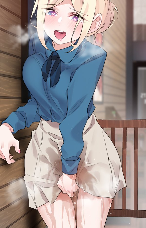 1girls, a perverts daily life, alicecrazy, blonde hair, blue bow, blue eyes, blue shirt, blush, bow, breasts, brown skirt, character request, collared shirt, dot nose, female, female focus, hair bun, heart, heart (symbol), heart-shaped pupils, large breasts, legs, long hair, long sleeves, lowres, miniskirt, official art, omorashi, open mouth, peeing, peeing on clothes, peeing self, pussy, pussy juice on legs, saliva, saliva trail, sexually suggestive, seyoung shin, shirt, single hair bun, skirt, smile, solo, solo focus, symbol-shaped pupils, teeth, thighs, upper teeth only, urine, wet, wet clothes, wet skirt, wetting, wetting self