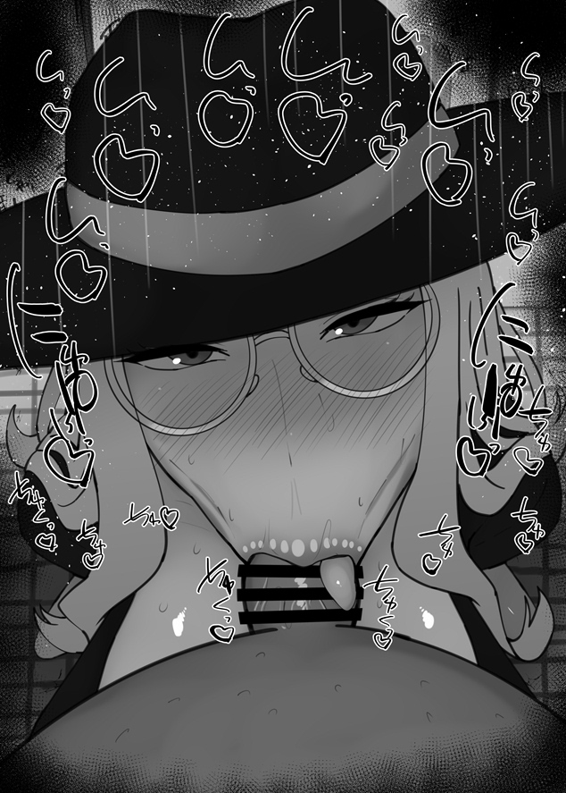 :>=, 1boy, 1girls, bar censor, big breasts, big penis, black and white, blush, breasts, censored, dark skin, dark-skinned male, detailed background, drooling, eyelashes, fellatio, female, glasses, hat, heart, human, indoor, indoors, kurotama, large breasts, long hair, looking at viewer, male, male pov, oral, oral sex, penis, room, saliva, shiny, shiny skin, sketch, sound effects, spy x family, squatting, sweat, sylvia sherwood, text, tongue, tongue out, vein, veins, veiny, veiny penis, very long hair