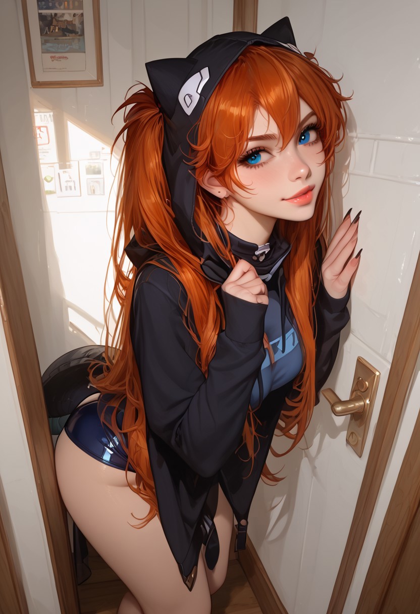 ai generated, asuka langley sohryu, blue eyes, cute, female, kigurumi, neon genesis evangelion, onna exe, orange hair, standing, twintails