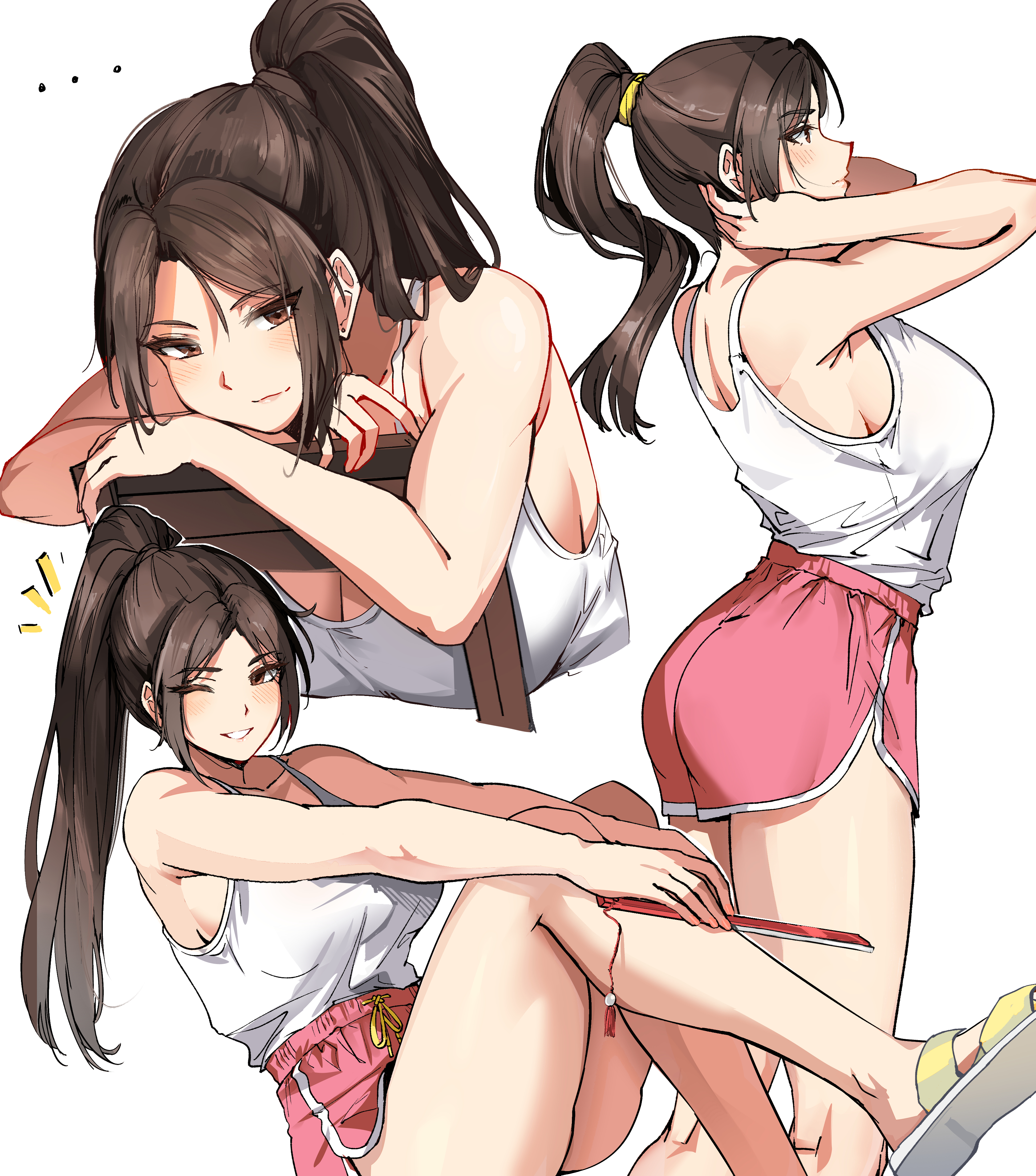 1girls, absurdres, alternate costume, ass, bare legs, big breasts, breasts, brown eyes, brown hair, casual, chair, commentary, fatal fury, female, female focus, female only, foot out of frame, high ponytail, highres, human, human female, human only, leaning on object, legs, light skin, light-skinned female, looking at viewer, mai shiranui, mai shiranui (casual), multiple views, official alternate costume, open toe footwear, open toe shoes, ormille, pink shorts, pixiv link, ponytail, sandals, shirt tucked in, short shorts, shorts, simple background, snk, solo, tank top, white background, white tank top