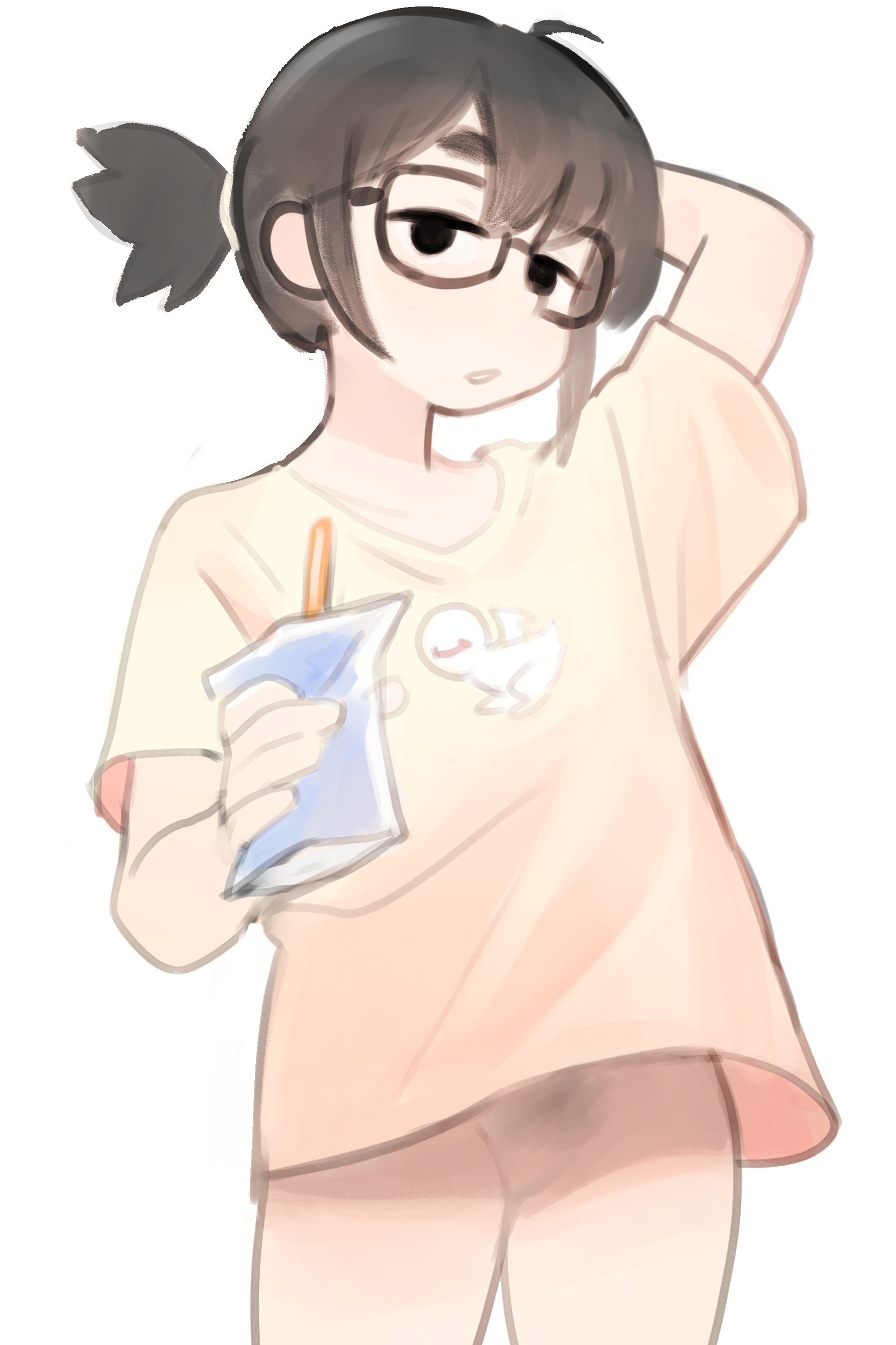 1girls, 2024, bottomless, casual nudity, colo, dog girl, eyebrows, female, glasses, juice box, loose shirt, no panties, ponytail, pubic hair, yoon (colo)