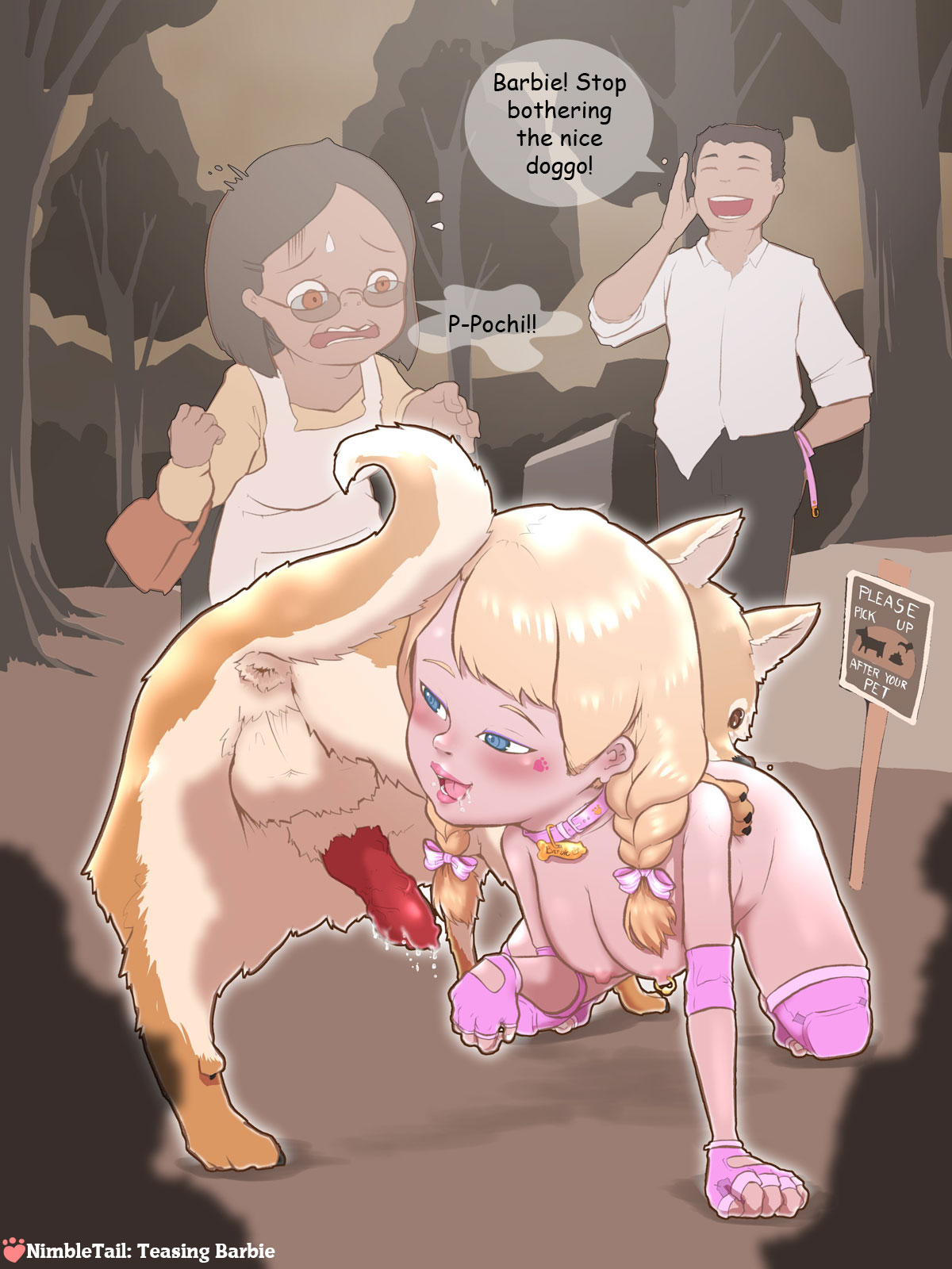 2d, all fours, barbie (franchise), blonde female, blonde hair, braid, braided hair, breasts, canine, canine on human, crawling, cunnilingus, female, female on feral, feral, feral on female, feral on human, human female, human on feral, nimbletail, nipple piercing, nipples, oral, pale skin, piercing, small breasts, small nipples, white woman, zoophilia