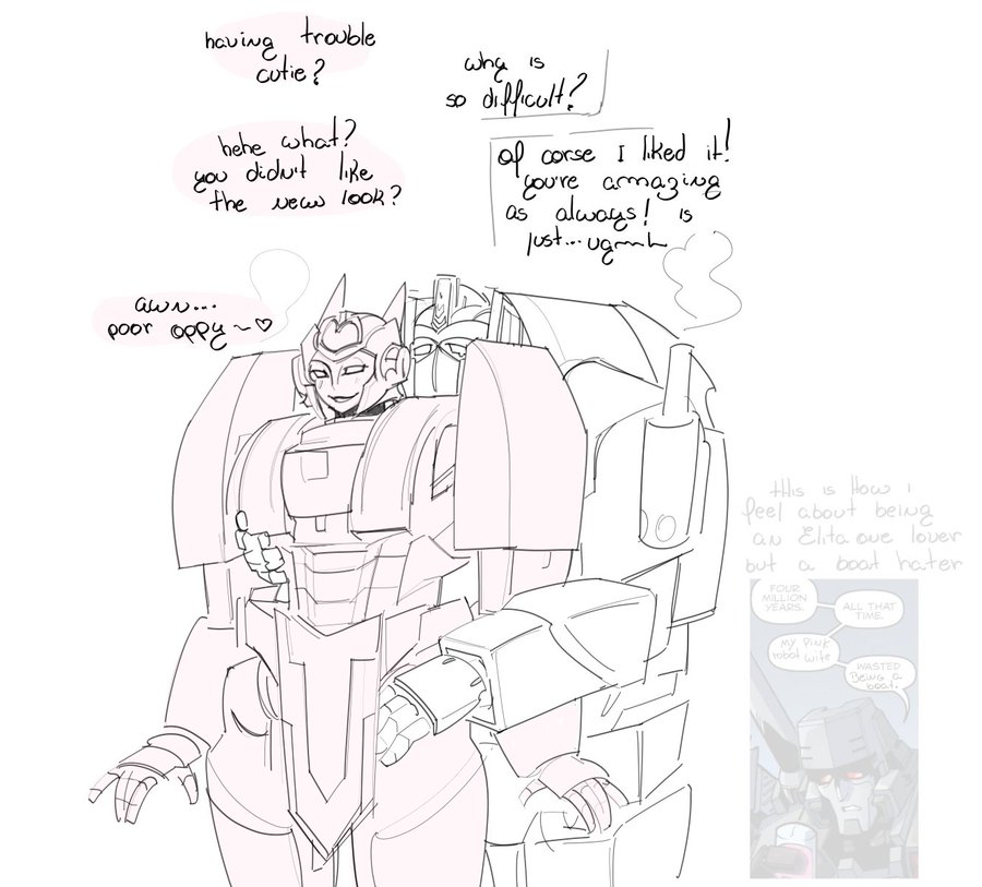 bisexual bisexual_female bisexual_male blush crying elita_one hand hand_on_breast hands_on_pussy hugging hugging_from_behind in_love megatron optimus_prime transformers