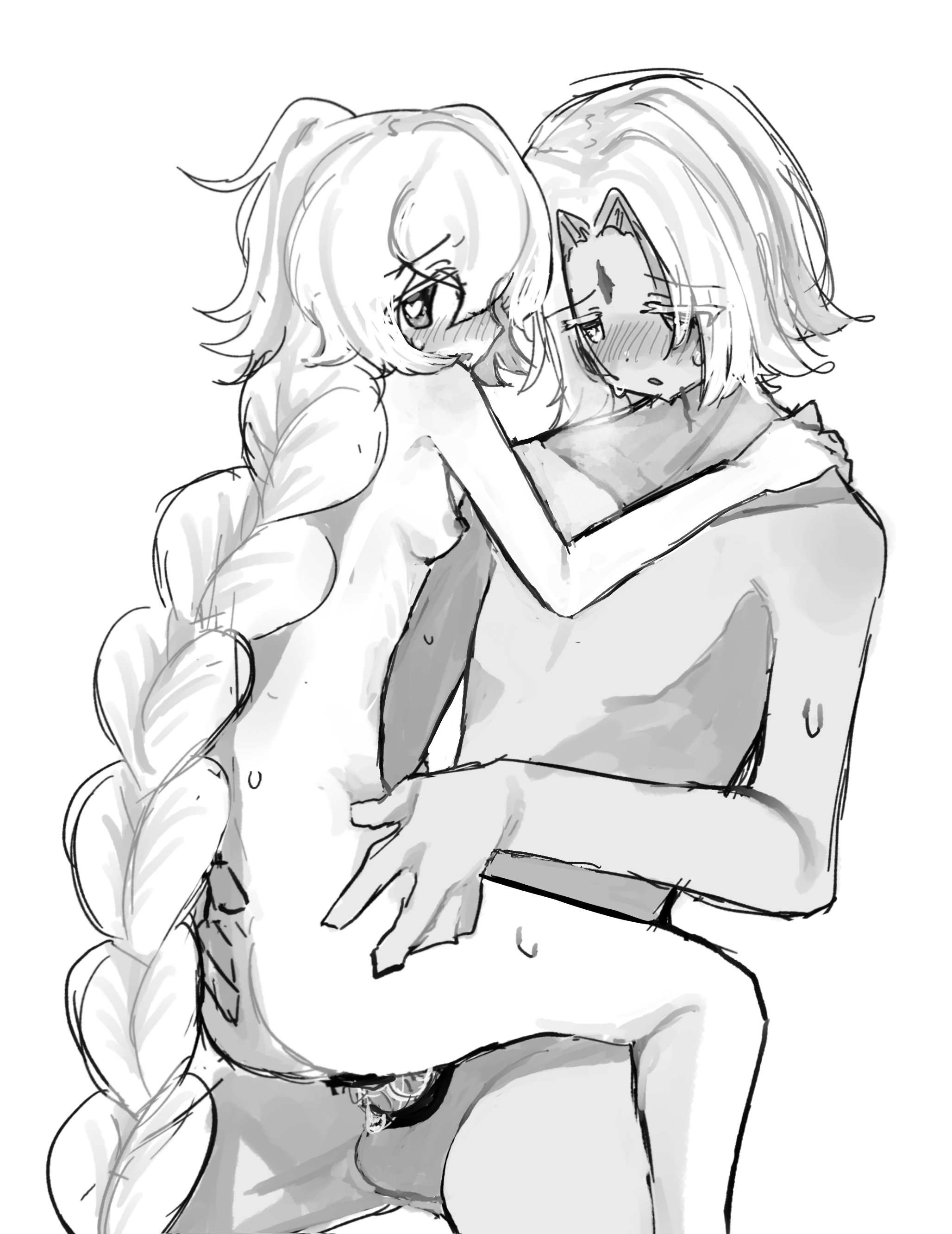 1boy, 1girl, braid, breasts, completely nude, cookie run, cookie run kingdom, female, hetero, m1tky, male, monochrome, nipples, nude, pure vanilla cookie, sex, simple background, small breasts, white background, white lily cookie
