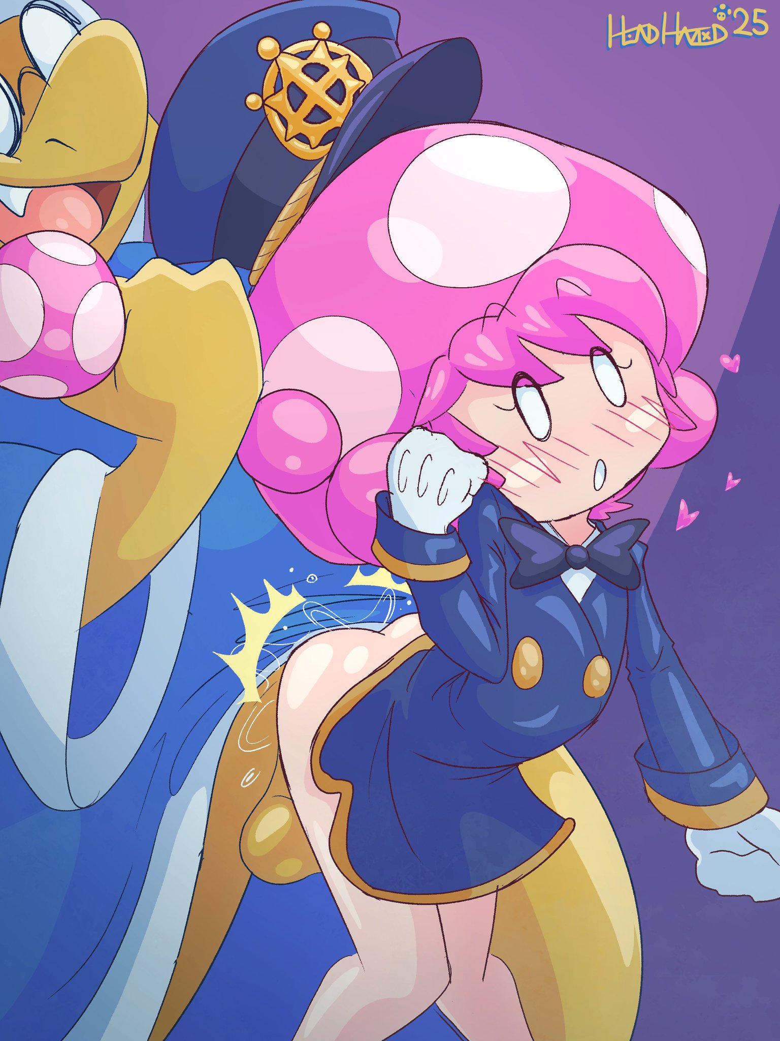 1boy, 1girls, ambiguous penetration, anthro, anthro on humanoid, ass, blue clothing, blue hat, blush, clothing, conductor, conductor hat, conductor uniform, deleted in source, doggy style, duo, female, female focus, flat chest, flat chested, flattered, furry, furry male, genitals, grabbing hair, hat, hazdhead, humanoid, humanoid female, interspecies, kamek, koopa, light skin, light-skinned female, long hair, male, male/female, mammal, mammal humanoid, mario (series), mario kart, mario kart world, nintendo, open mouth, penetration, penetration from behind, penis, penis in pussy, petite, petite body, pink hair, pussy, pussy juice, reptile, scalie, sex, straight, straight sex, toadette, toadette (conductor), twitter link