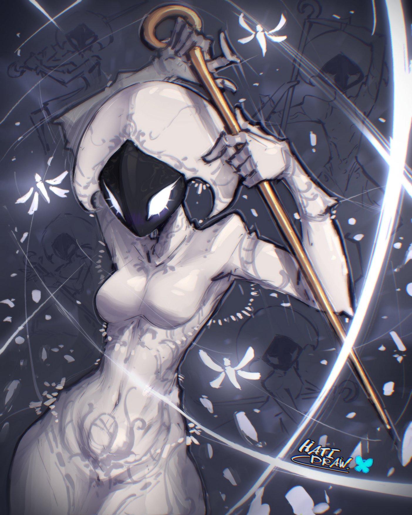1girl, breasts, female, hatidraw, hollow knight, hollow knight (franchise), hollow knight: silksong, lace (hollow knight), no nipples, nude, nude female, posing, seductive, seductive look, solo, solo female, team cherry, weapon, white body