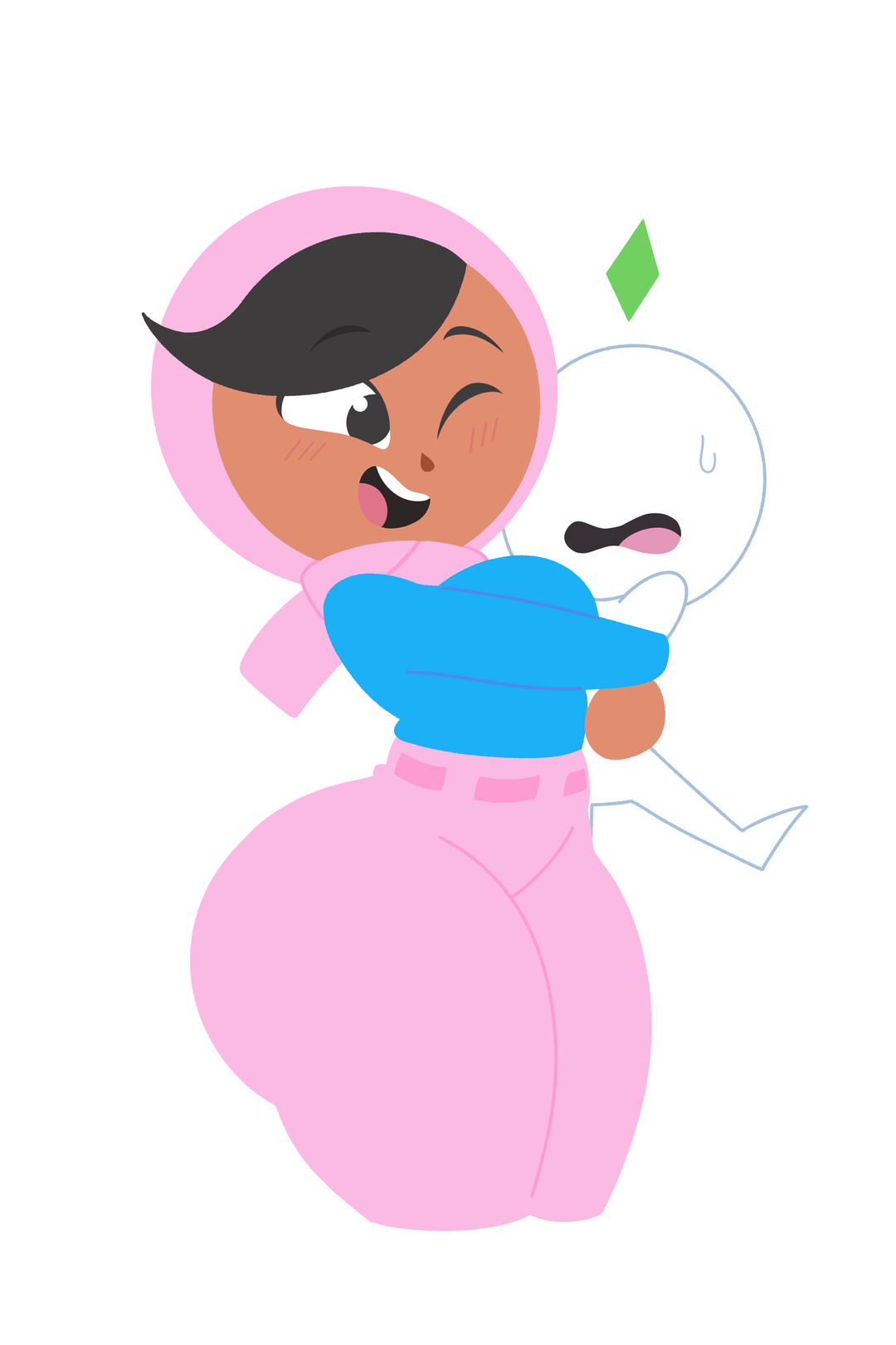 1girls, 2025, 2d, anon, ass, black hair, clothed, clothing, dark-skinned female, duolingo, female, female focus, happy, hug, nervous expression, one eye closed, pants, pink pants, plain background, postblue98, sfw, shirt, sweat, thick thighs, thighs, tight hug, white background, zari (duolingo)
