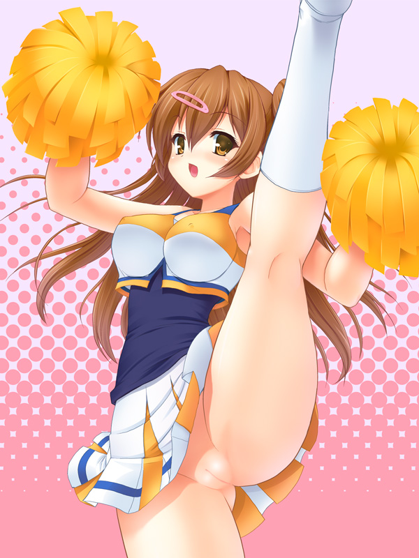 brown_eyes brown_hair cheerleader chuunibyou_demo_koi_ga_shitai! erect_nipples gessekai hair_ornament hairclip high_kick kicking nibutani_shinka no_panties pom_poms pussy side_ponytail skirt skirt_lift socks solo