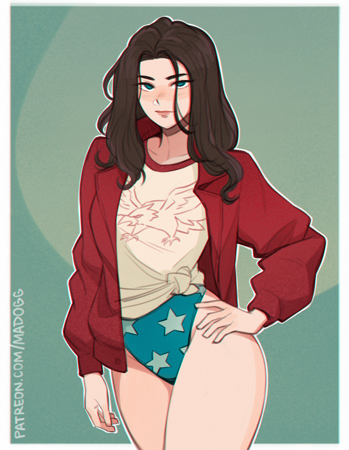 aqua eyes, black hair, blue eyes, blush, blushing, brown hair, casual one-piece swimsuit, closed mouth, clothing, dc, dc comics, female, freckles, hand on own hip, highleg, highleg swimsuit, jacket, lips, long hair, long sleeves, looking at viewer, madogg, one-piece swimsuit, open clothes, open jacket, print shirt, print swimsuit, red jacket, shirt, solo, standing, star (symbol), star print, swimsuit, swimsuit under clothes, t-shirt, thighs, tied shirt, white shirt, wonder woman