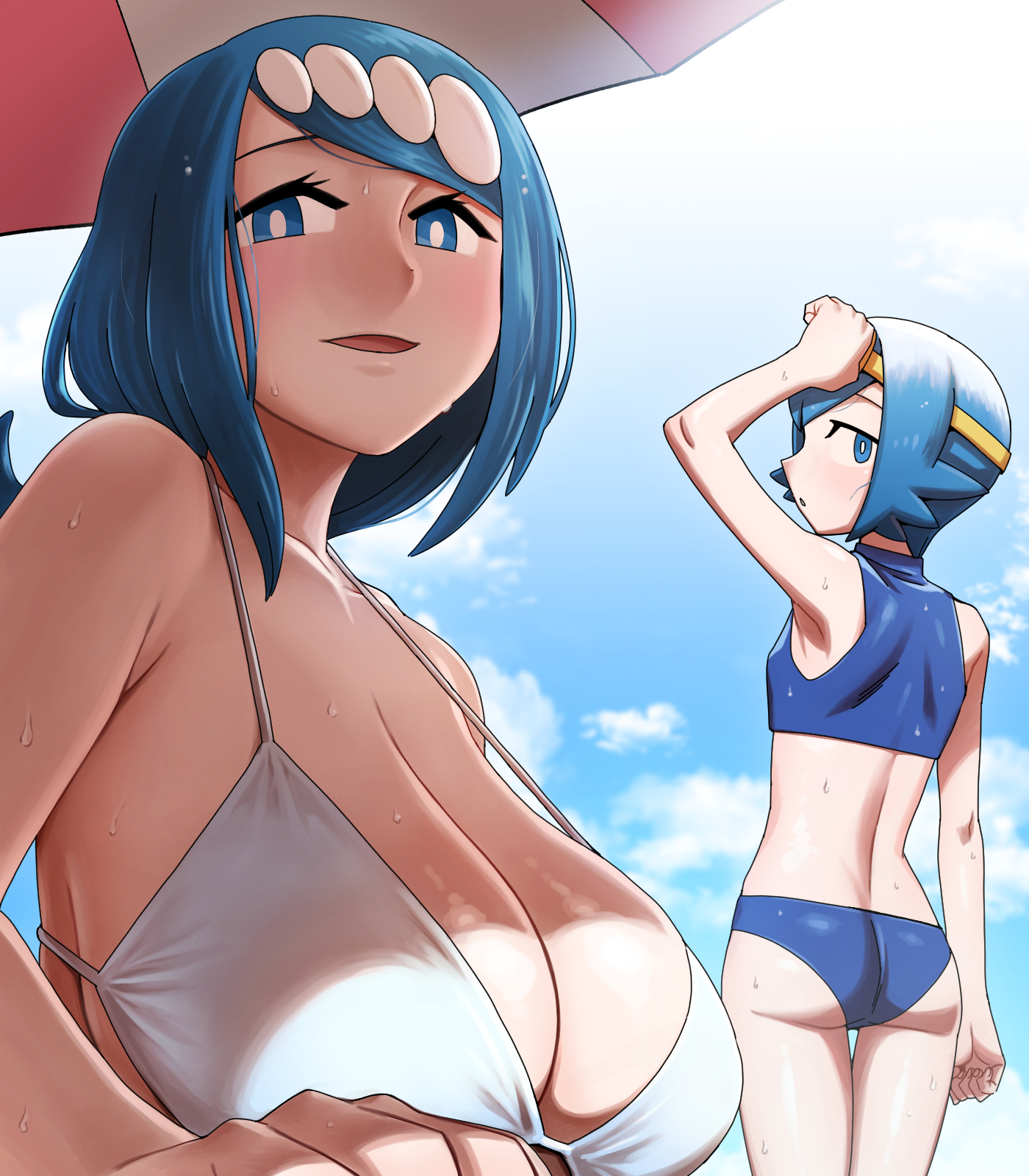 2girls, arm up, artist request, ass, beach umbrella, bikini, blue bikini, blue eyes, blue hair, breasts, bright pupils, cloud, day, eyelashes, female, female only, hair ornament, hairband, hanging breasts, highres, lana (pokemon), lana's mother (pokemon), long hair, mother and daughter, multiple females, multiple girls, nintendo, open mouth, outdoors, pokemon, pokemon (anime), pokemon sm (anime), short hair, shoulder blades, sky, sweat, swimsuit, tech control, umbrella, white pupils, wholesome, yellow hairband