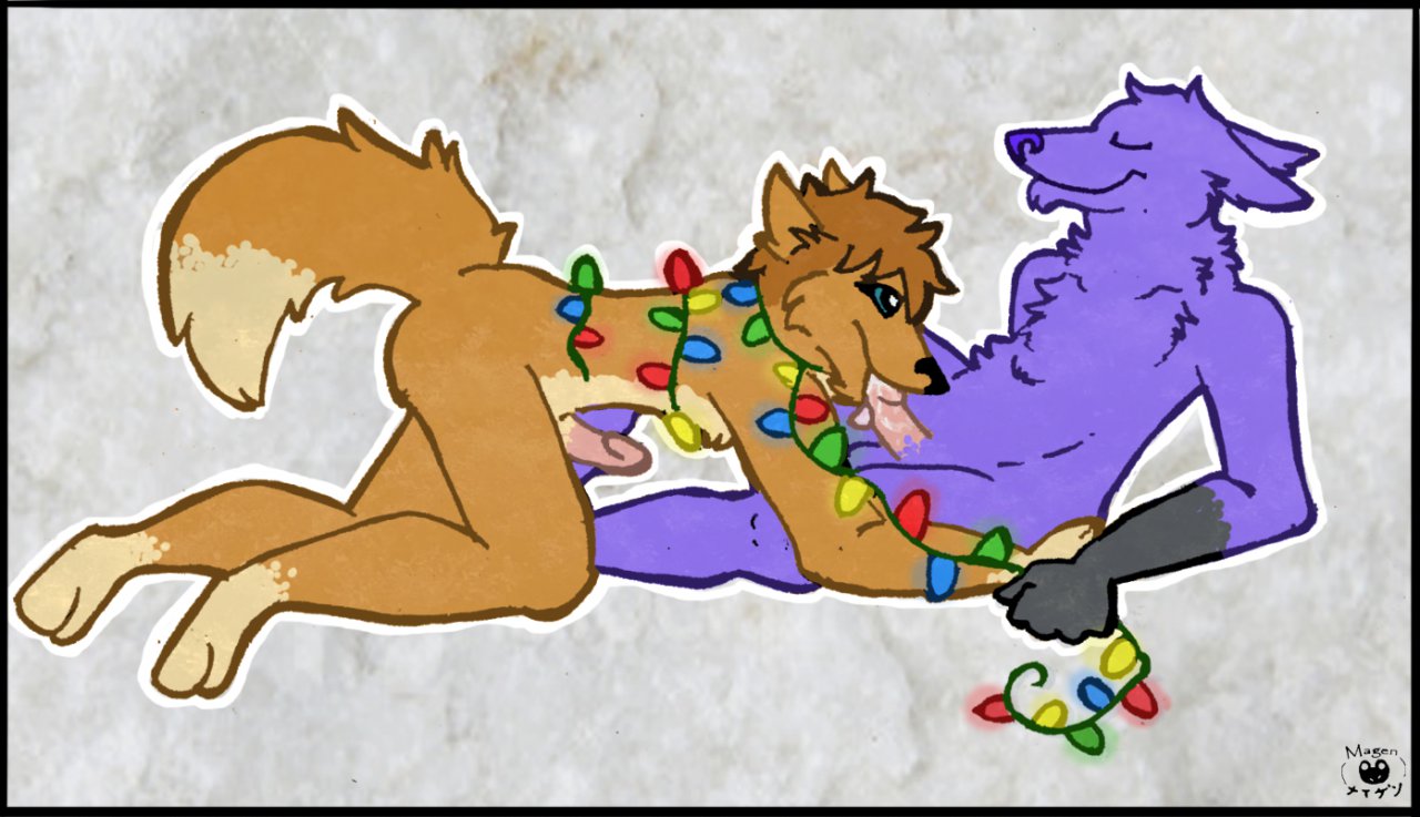 2012 andy_dingo_wolf anthro canine christmas christmas_lights closed_eyes cum erection fellatio fur furry fusky_(species) gay hair holidays hybrid lynx_softpaw male mates nightlinez no_humans nude oral oral_sex paws penis plain_background purple_fur sex wolingo