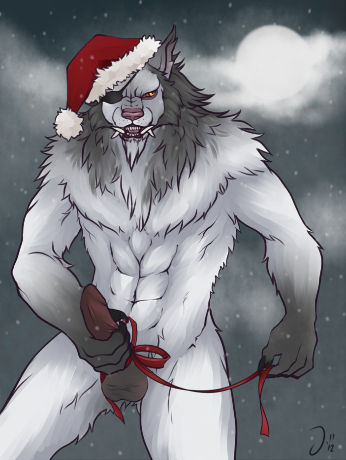 1boy abs anthro balls biceps canine chest_tuft christmas claws erection eye_patch eyewear fangs fur furry grey_fur holidays humanoid_penis male male_only mane nude open_mouth penis solo teeth thejinxess white_fur wolf yellow_eyes