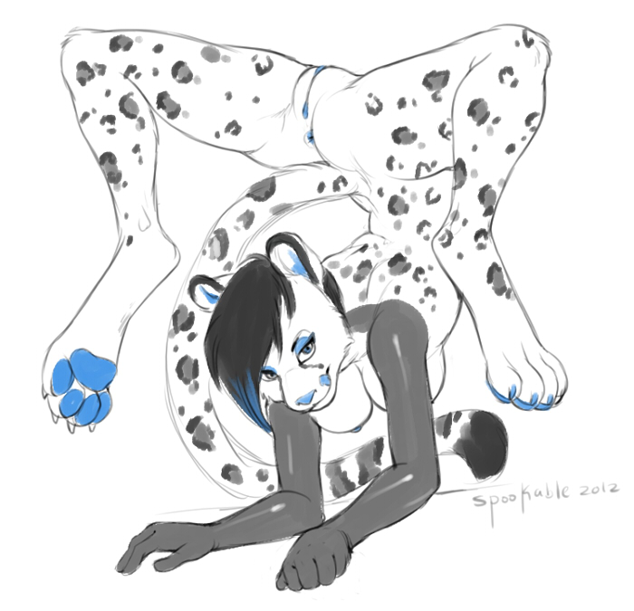 anthro anus breasts cheetah feline female fur furry hindpaw licking licking_lips looking_at_viewer nude paws pose presenting pussy sketch solo spookable tongue