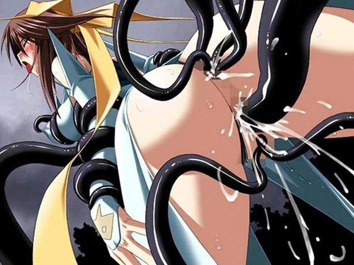 blush brown_hair censored cum female game_cg hair_ribbon long_hair pov tentacle thighhighs