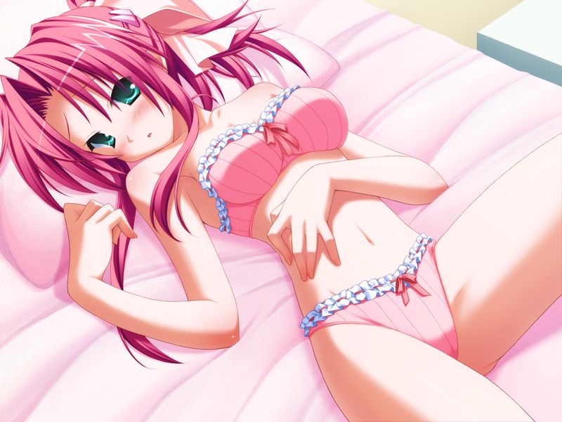 bed blush bra breasts censored green_eyes hair_ornament hair_ribbon hair_ribbons hinata_mutsuki human large_breasts lingerie long_hair lying navel on_back panties pia_carrot_(series) pink_bra pink_hair pink_panties red_hair ribbon satou_hina underwear underwear_only welcome_to_pia_carrot welcome_to_pia_carrot_g.p.