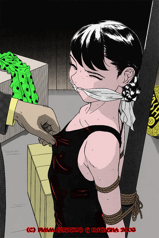 1girls black_hair blush bondage bound bound_arms bound_to_pole cleave_gag clothed clothed_female eyes_closed female female_focus gag gagged hayashibara_hikari improvised_gag indoors one-piece_swimsuit original pole rope standing swimsuit