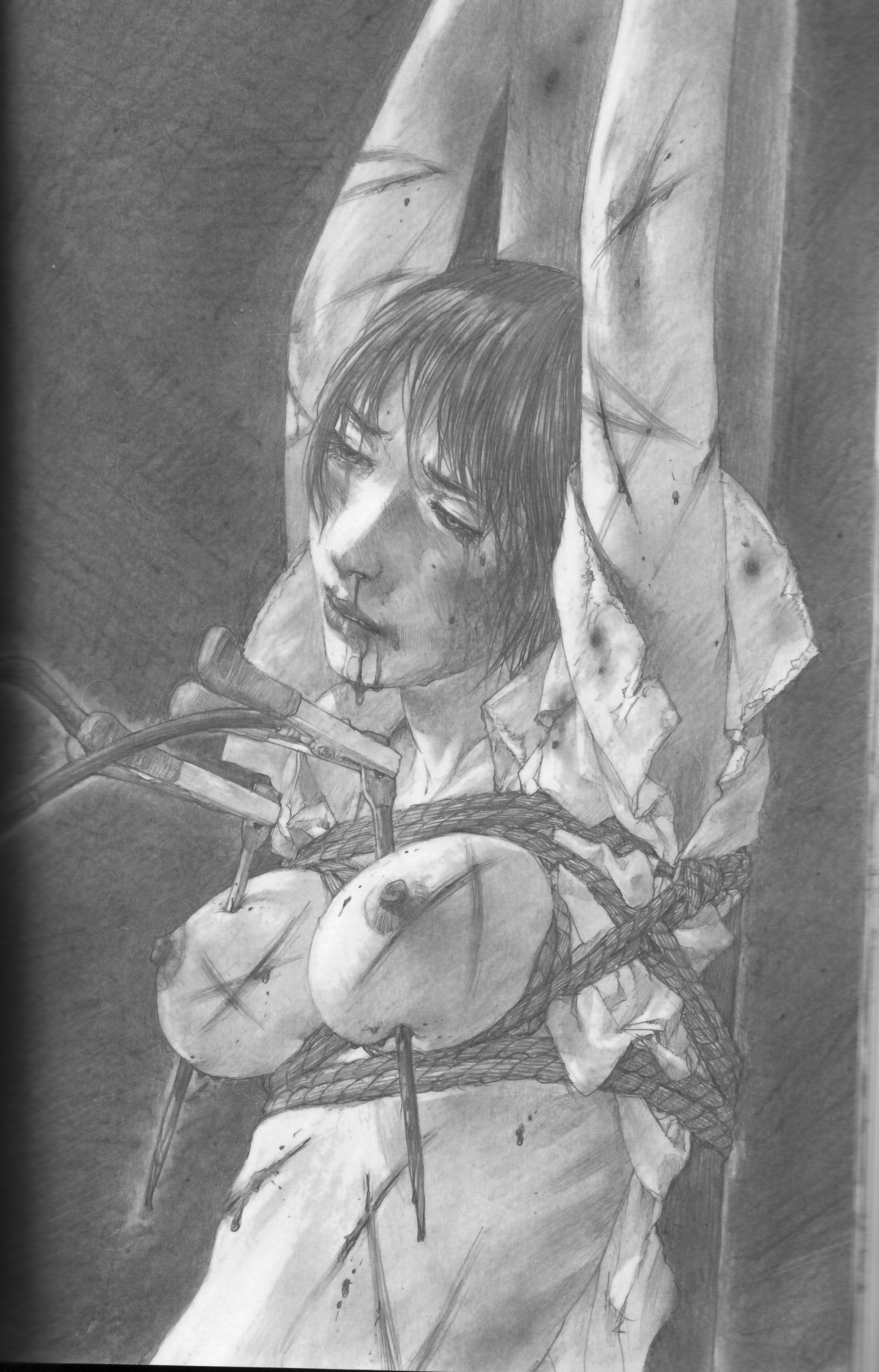 1girls, black hair, blood, blood on face, bondage, breasts, cuts, electrocution, erect nipples, female, female only, gore, guro, highres, hiroaki samura, injury, monochrome, nipples, nosebleed, pencil, realistic, rope, short hair, solo, solo female, tears, torture, whip marks