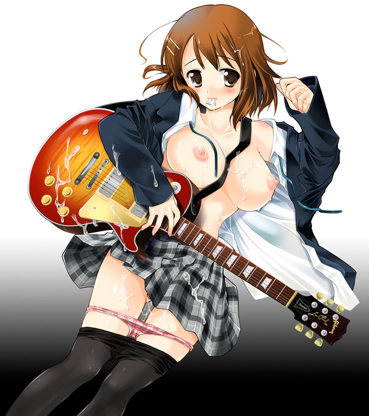 breasts brown_eyes brown_hair cum cum_on_body cum_on_breasts cum_on_clothes cum_on_hair cum_on_leg cum_on_lower_body cum_on_upper_body female female_only gibson guitar hair_ornament hairclip human human_only instrument k-on! kurosawa_kiyotaka les_paul mouth_hold nipples open_clothes open_shirt panties panty_pull pantyhose pantyhose_pull plaid plaid_skirt plectrum school_uniform shirt short_hair skirt solo takashi_kiyoshi tartan underwear yui_hirasawa_(k-on!)