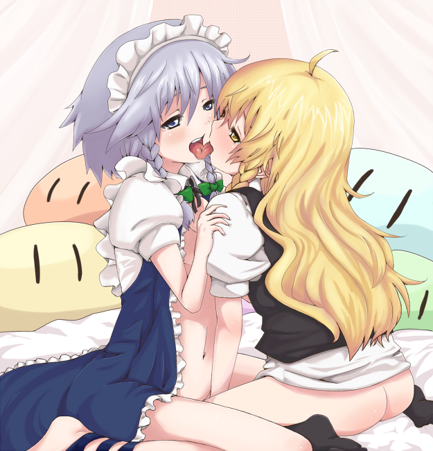 ahoge blush bottomless bow chiwino clannad clothing dango_daikazoku female french_kiss human kissing marisa_kirisame multiple_girls mutual_yuri sakuya_izayoi tongue touhou yuri