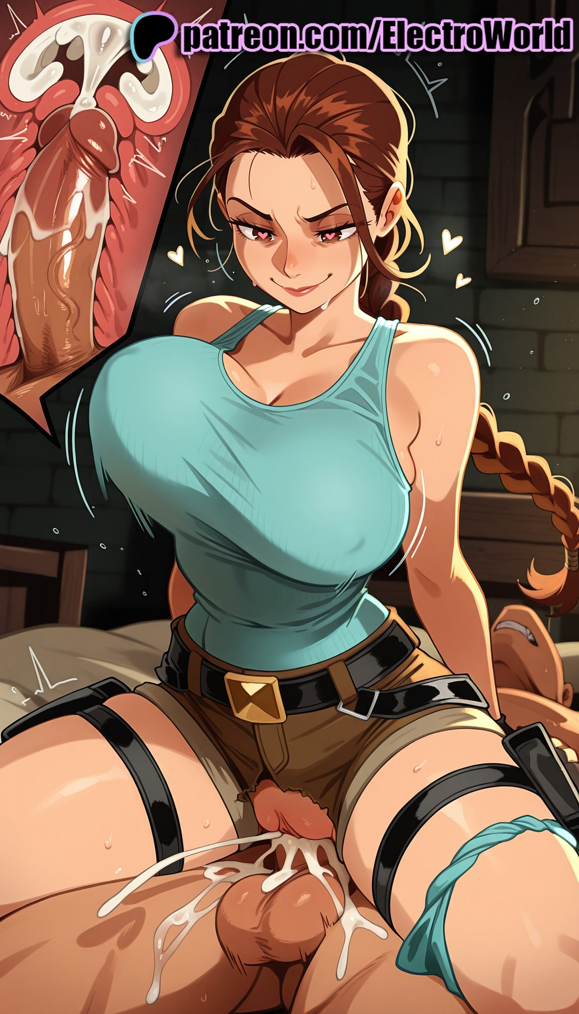 1boy, 1girls, 2025, after sex, after vaginal, ai generated, artist name, belt, braid, breasts, brown eyes, bust, cervix, chest, clit, clitoral hood, clitoris, clothed female nude male, clothed sex, cock, covered nipples, cowgirl position, cross section, cum, cum in ass, cum in pussy, cum pool, cumdrip, deep penetration, dick, ejaculation, electroworld, excessive cum, exposed clitoris, exposed pussy, female, fucking, hi res, high quality, high resolution, highres, intercourse, internal cumshot, juicy pussy, lara croft, legs apart, legs spread, long hair, love making, open legs, overflow, ovum, panties, panties around one leg, patreon, patreon username, penetration, penis, pointless condom, pussy, reverse cowgirl position, sex, sex from behind, sexual intercourse, shorts, solo focus, sperm cell, splayed legs, spread legs, stable diffusion, straddling, straight, tank top, testicles, thigh strap, tight pussy, tomb raider, trembling, uncensored, underwear, uterus, vagina, vaginal penetration, veiny penis, watermark