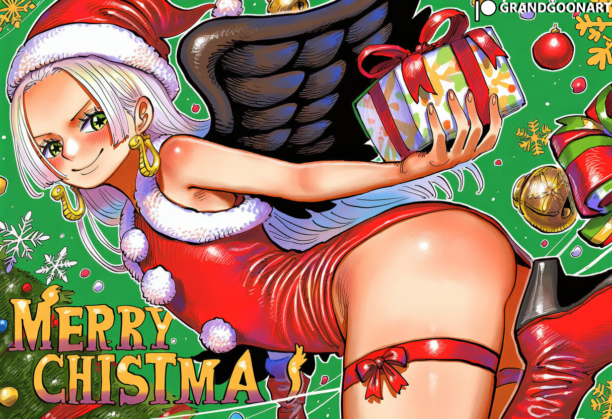 1girls, accurate art style, ai generated, big ass, boa hancock, christmas, christmas clothing, christmas outfit, christmas present, female, female focus, female only, flat chest, grandgoonart, high heel boots, high heels, holidays, juicy lips, kissing, lips, lipstick, manga, manga cover, manga page, manga style, one piece, patreon, patreon username, petite, s-snake (one piece), santa costume, santa hat, seraphim (one piece), shonen jump, solo, solo female, solo focus