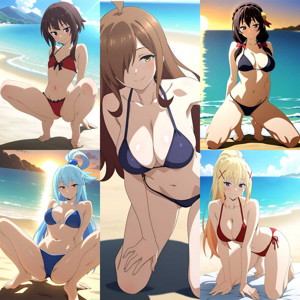 5girls, ai generated, aqua (konosuba), aqua hair, bikini, black bikini, blonde hair, blue bikini, brown hair, clothed, clothed female, darkness (konosuba), duderu vanilla, female, female only, hair over one eye, kono subarashii sekai ni shukufuku wo!, megumin, multiple girls, red bikini, swimsuit, wiz (konosuba), yunyun (konosuba)