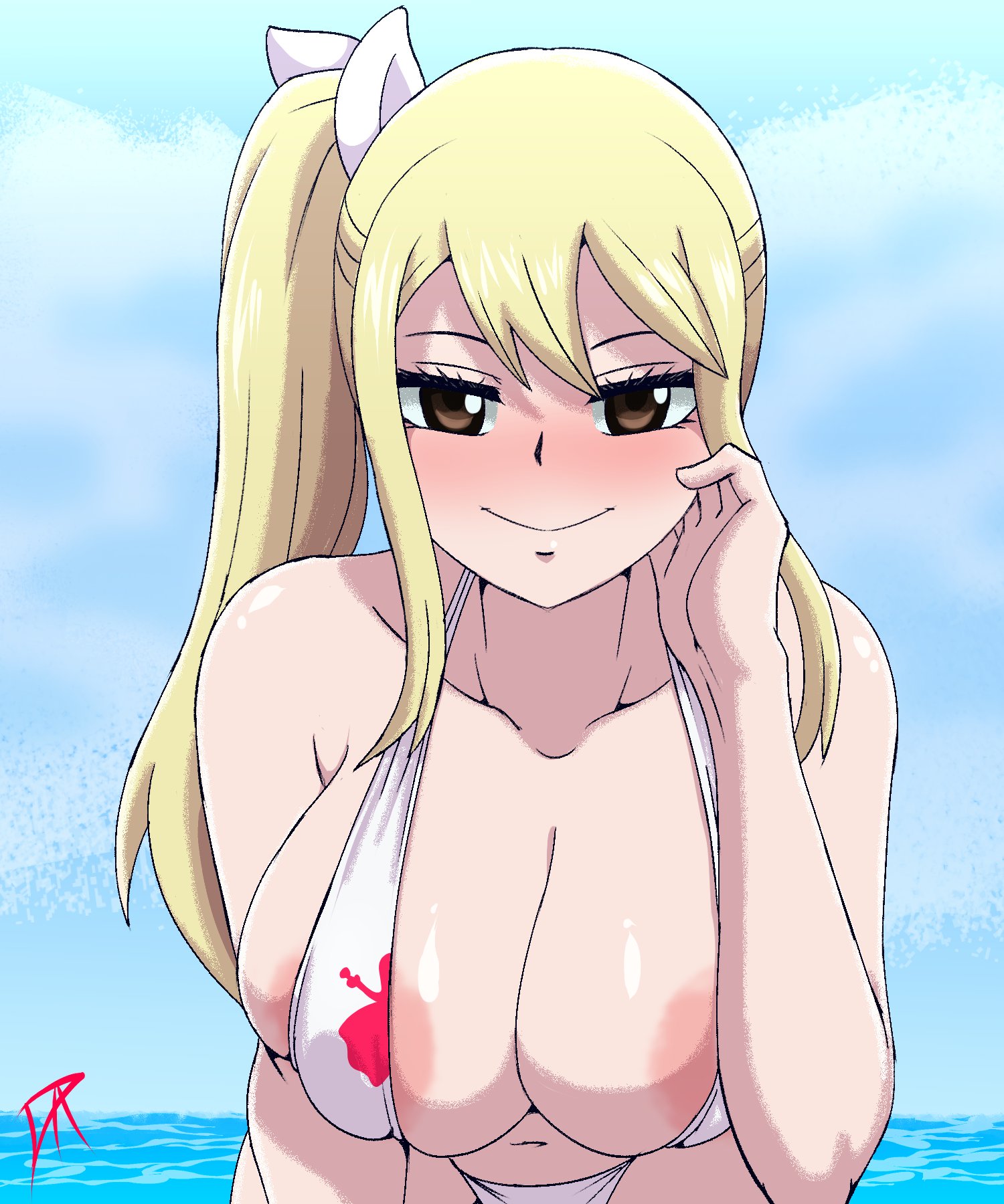 1girls, areolae, areolae slip, big breasts, bikini, bikini bottom, bikini top, blonde hair, blonde-haired female, bottomwear, breast focus, breasts, brown eyes, dalley le alpha, fairy tail, female, female only, hair, huge breasts, lucy heartfilia, ponytail, smile, solo, solo female, swimwear, tied hair, topwear, upper body, upper body focus, water, white bikini