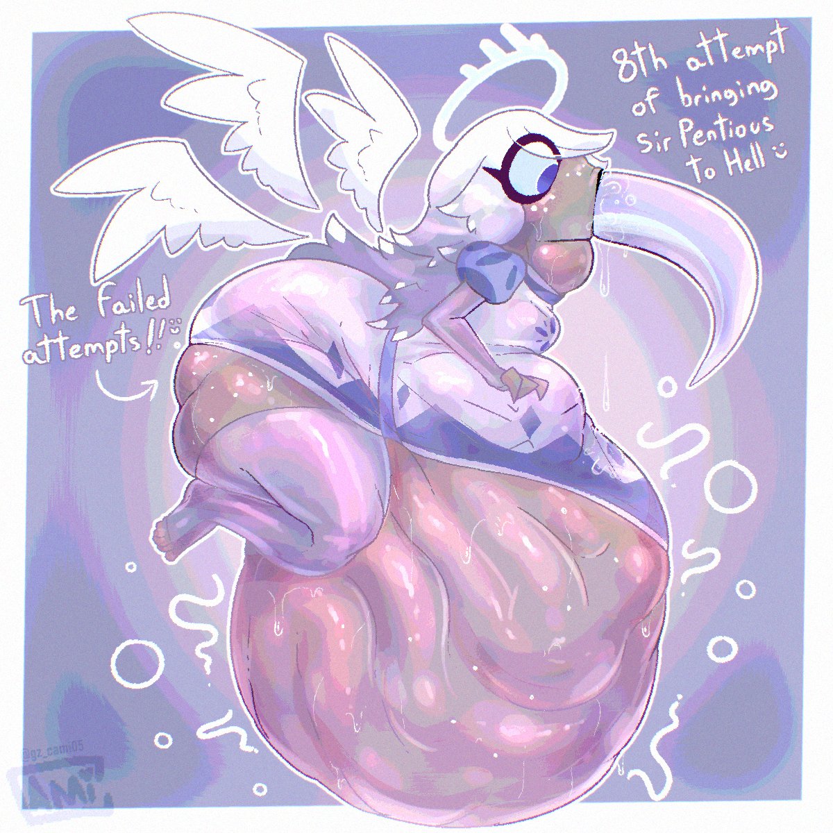 angel, ass expansion, big ass, bigger prey, camigz, clothed, emily (hazbin hotel), female, female pred, halo, hazbin hotel, huge ass, hyper, hyper belly, hyper butt, hyper thighs, implied digestion, implied reformation, lamia, male, male prey, oral vore, reformation, sir pentious (hazbin hotel), small breasts, smaller pred, swallowing, vore, vore belly, weight gain, wings