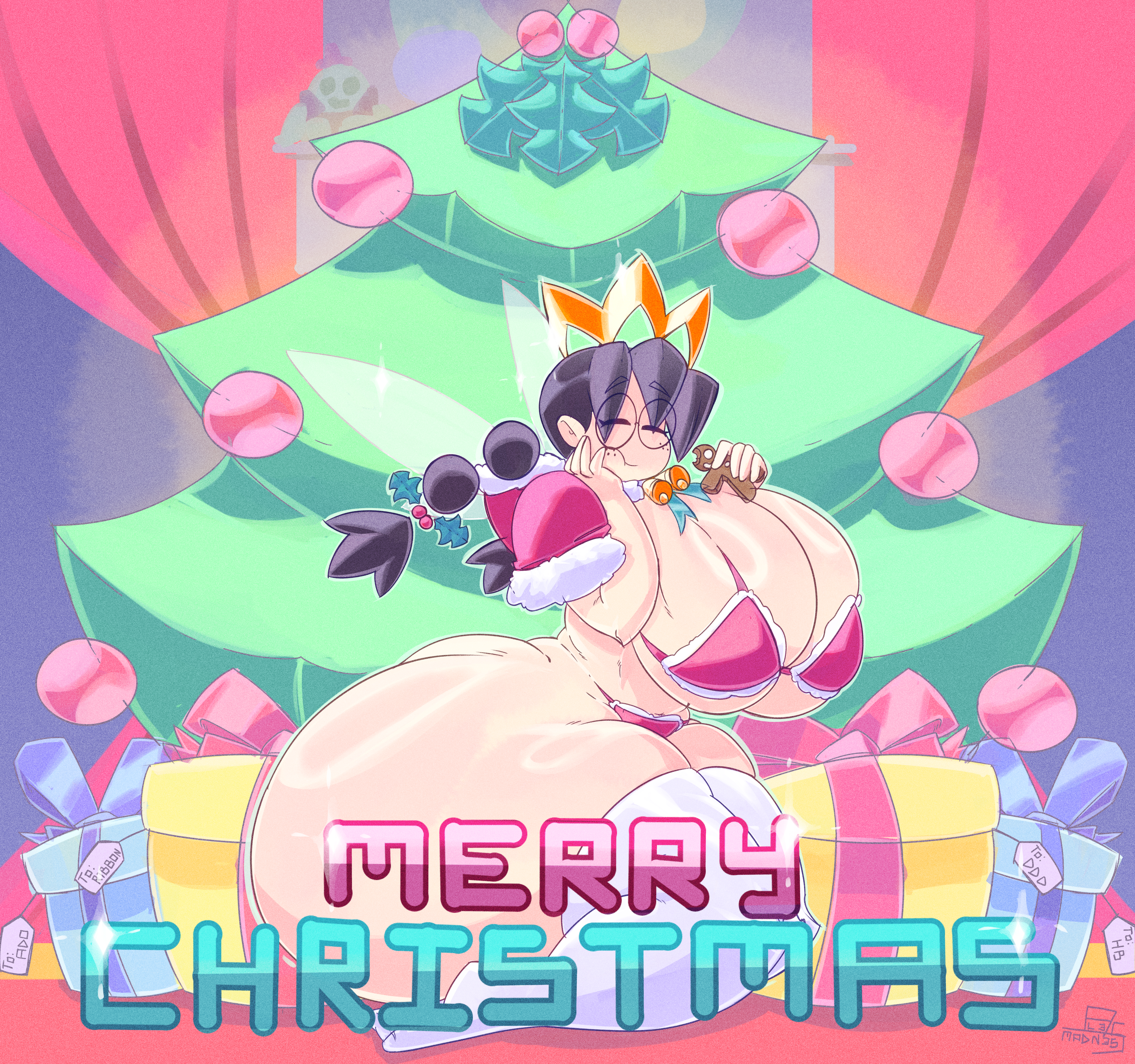 2025, alesmadness1, alternate version available, ass, ass bigger than head, big ass, big breasts, black hair, bra, breasts, christmas, christmas outfit, christmas present, christmas tree, closed eyes, commission, commission art, commissioner upload, crown, curvy, curvy female, curvy figure, eating, fairy, fairy queen, fairy wings, freckles, freckles on face, giant fairy, gift, gift box, glasses, hal laboratory, holidays, kirby (series), kirby 64, kirby 64: the crystal shards, kneeling, legwear, long hair, merry christmas, mistletoe, nintendo, on knees, queen ripple, round glasses, royalty, solo, solo female, solo focus, thick legs, thick thighs, voluptuous, voluptuous female, wings