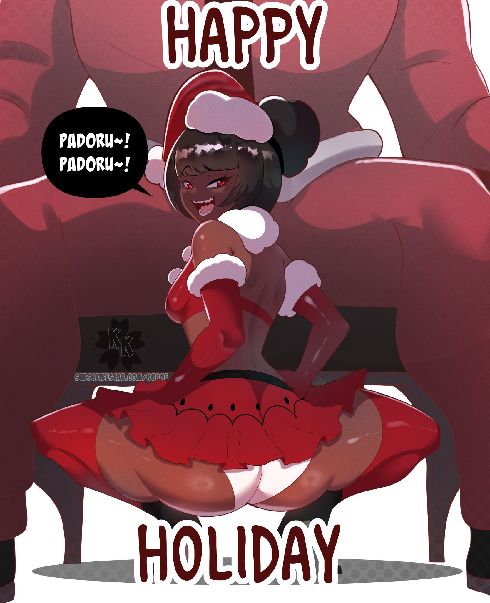 1girls, ass, back view, black hair, christmas, clothed, clothing, dark skin, dark-skinned female, dialogue, english text, female, happy holidays, hi res, kokoe, kokoe (character), looking at viewer, open mouth, rear view, red eyes, santa hat, smiling, smiling at viewer, speech bubble, squatting, thick ass