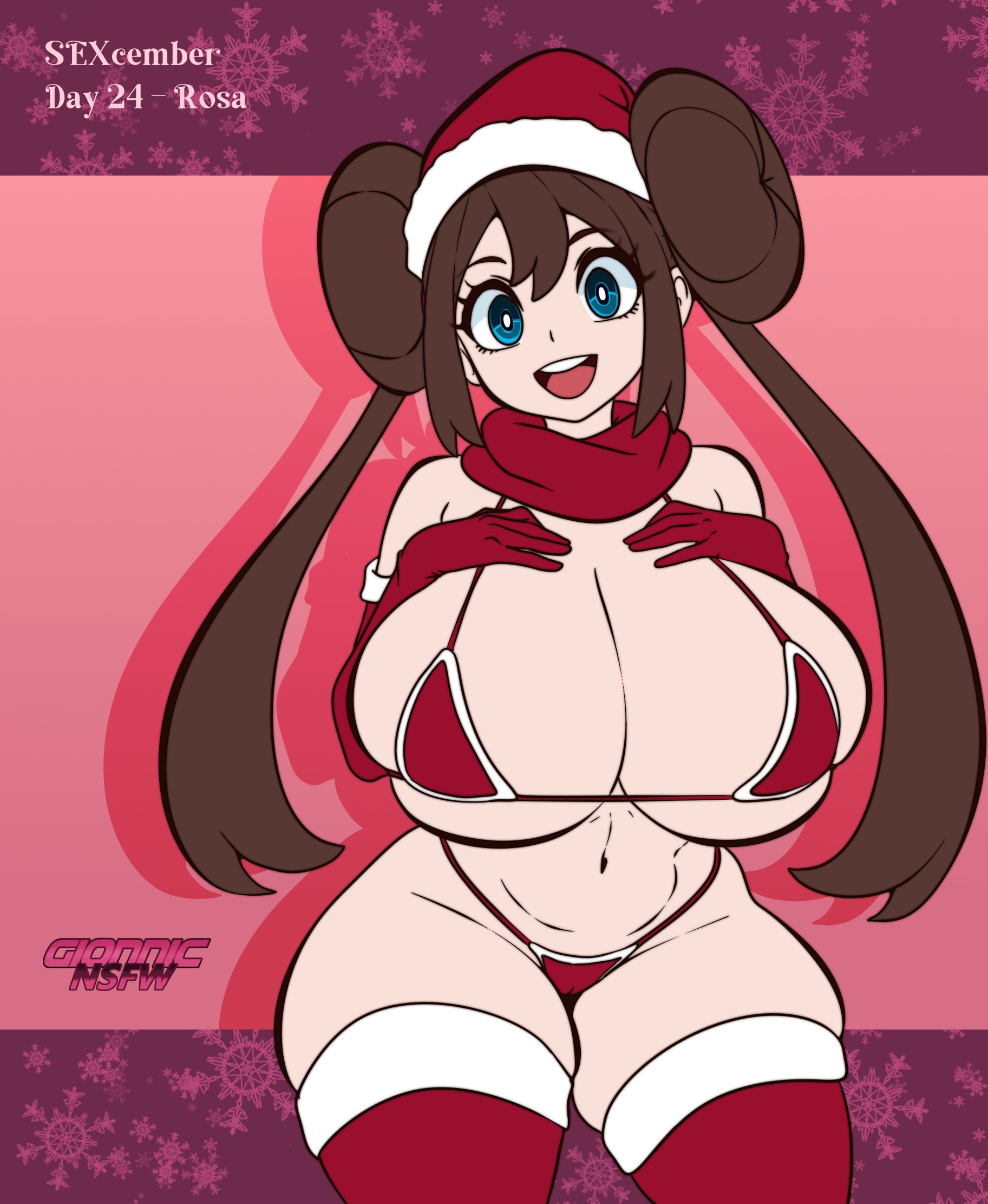 1girls, artist logo, artist name, belly, belly button, big hips, bikini, blue eyes, breasts, brown hair, buns, cameltoe, christmas, christmas bikini, christmas clothing, christmas outfit, christmas present, curvaceous, curvy, curvy female, curvy figure, female, female focus, female only, gionnic art, gionnic art (artist), gionnics, gloves, gradient background, hair bun, hair buns, hands on breasts, hat, hourglass figure, huge breasts, large breasts, light skin, light-skinned female, long hair, looking at viewer, pink background, pokemon, pokemon black & white, red bikini, red gloves, red hat, red scarf, red thighhighs, rosa (pokemon), santa hat, scarf, sexcember, smile, smiling, smiling at viewer, snowflake, snowflakes, thick, thick thighs, thighhighs, watermark